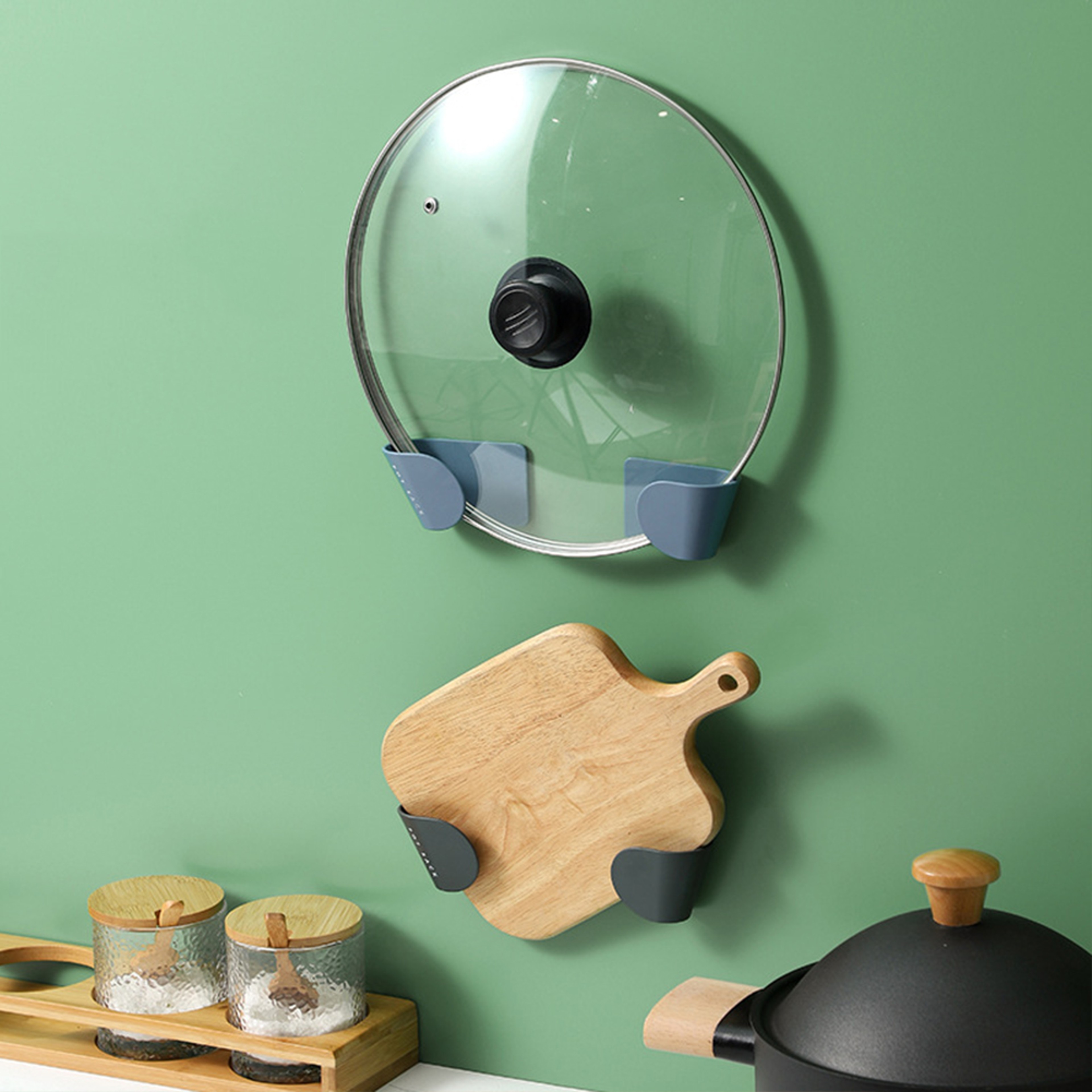 Self Adhesive Wall-mounted Pan Pot Cover Rack, Adjustable Hanging Holder for Kitchen Organization – view 3