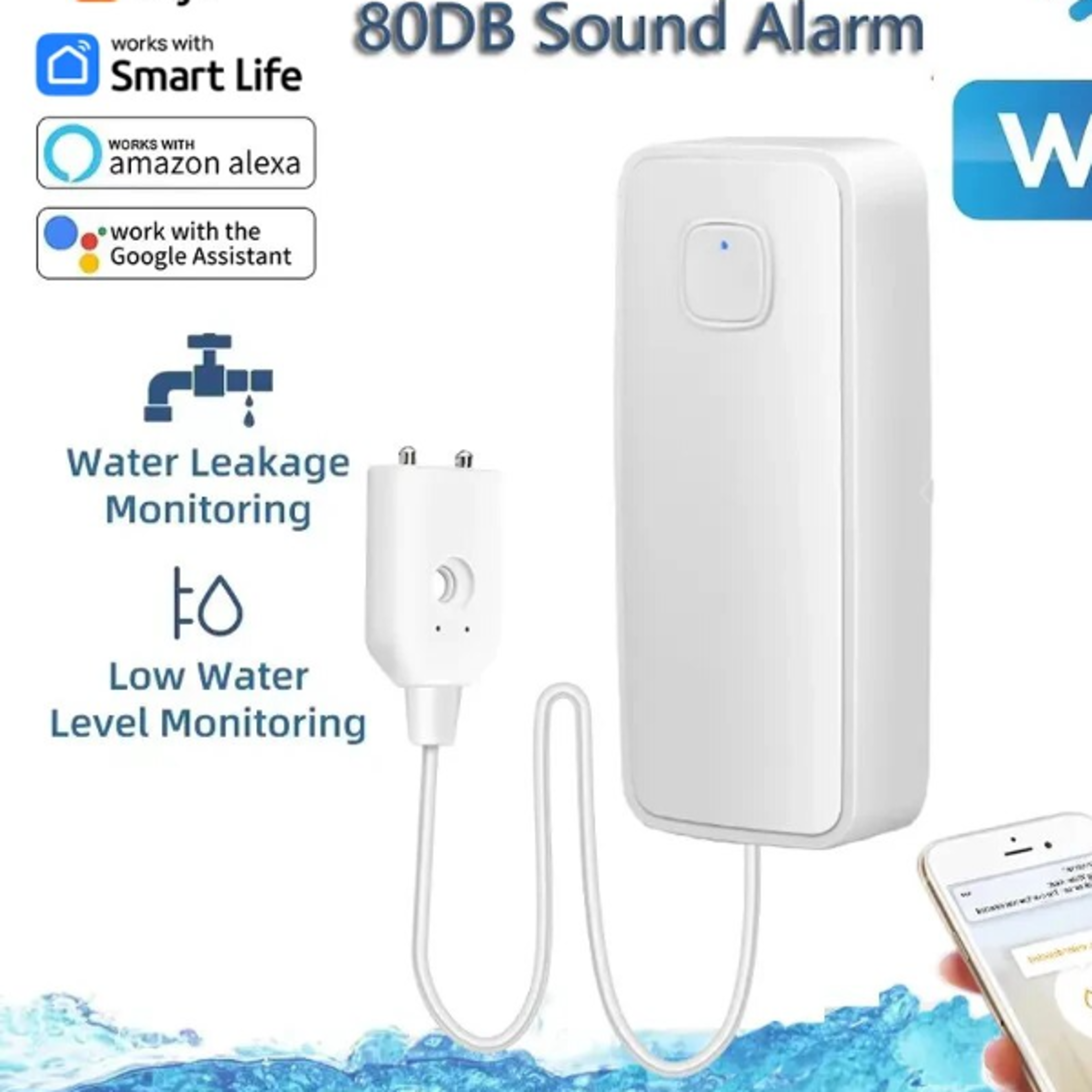 Tuya WiFi Smart Water Leak Sensor Water Overflow Level Detector 80dB Sound Alarm System Flood Leaka