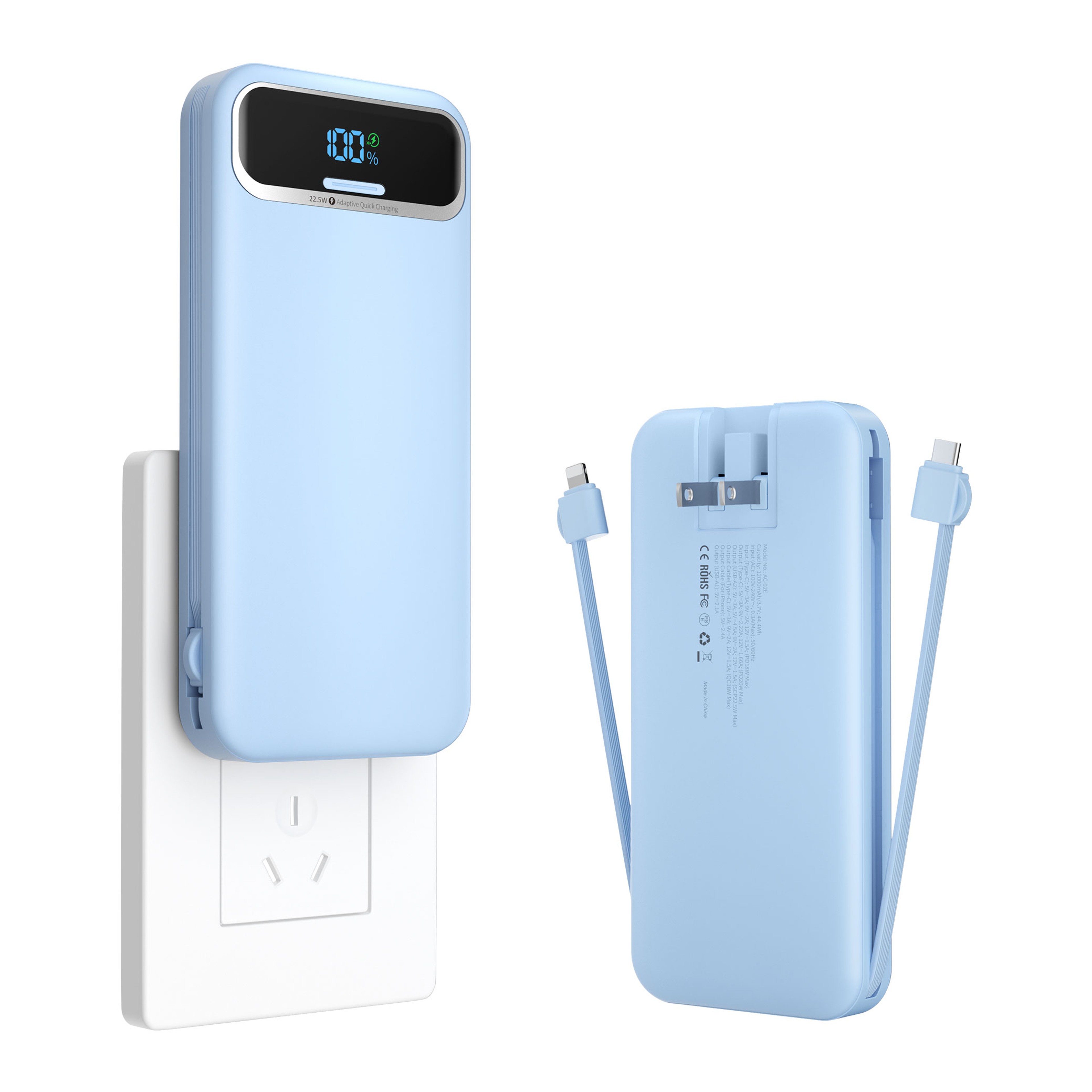 AC Plug Power Bank with Built-In Cables 12000mAh 20W Fast Charging Travel Charger – view 7
