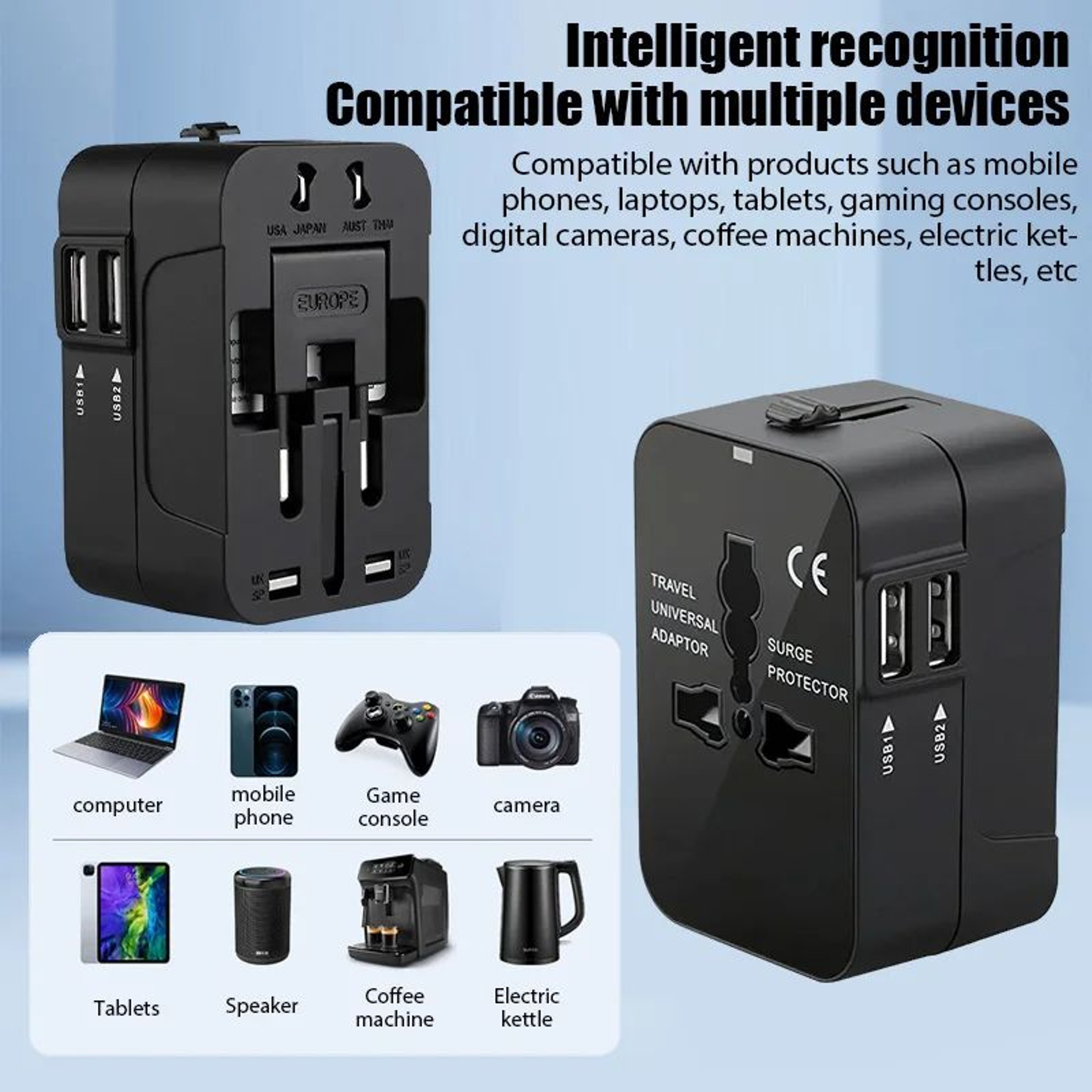 Global Universal Travel Plug Adapter With USB Sockets AC Power Converter Featuring Child Safety Loc