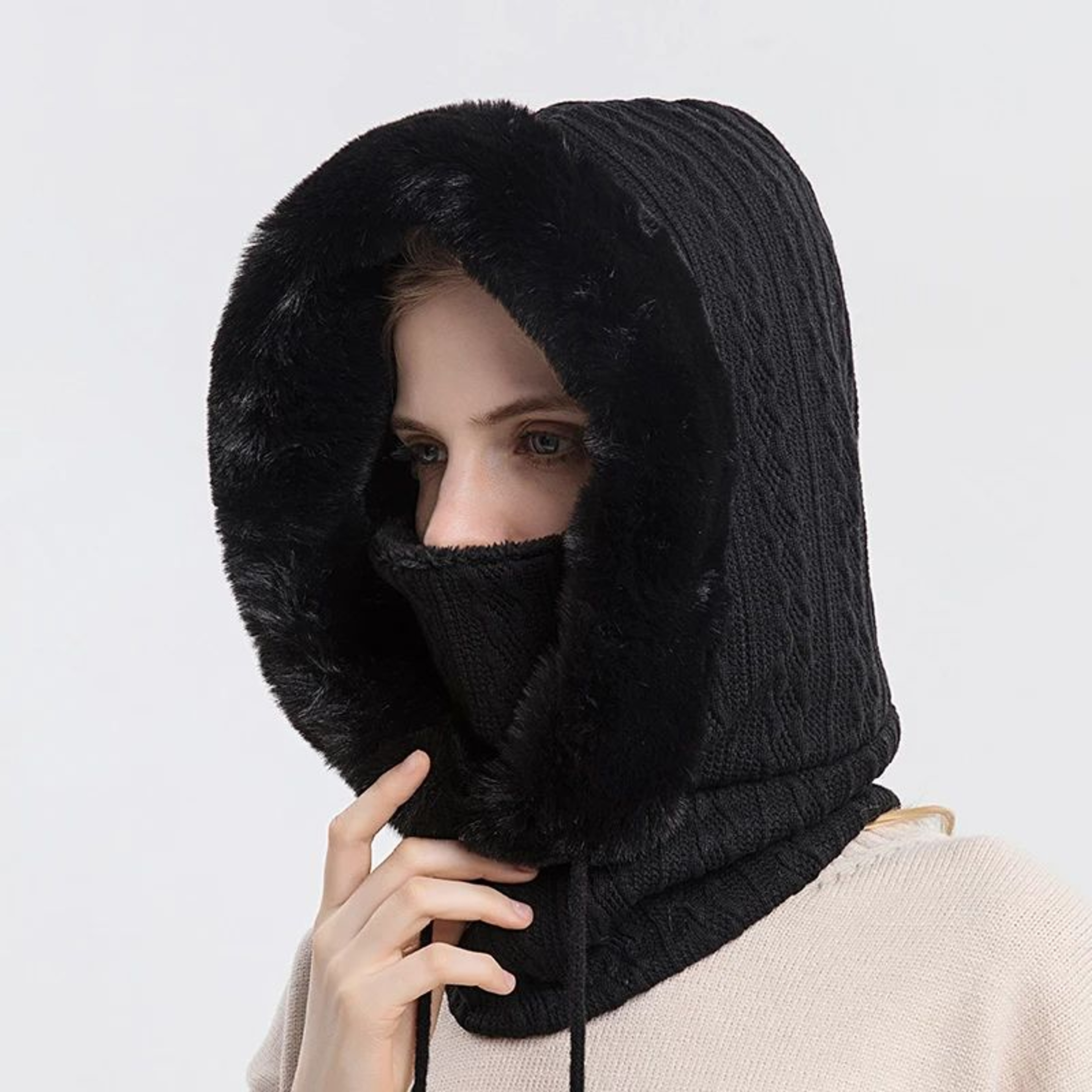 Women Winter Fur Cap Mask Set Hooded Knitted Cashmere Balaclava Ski Hat With Thick Fluffy Beanies   3