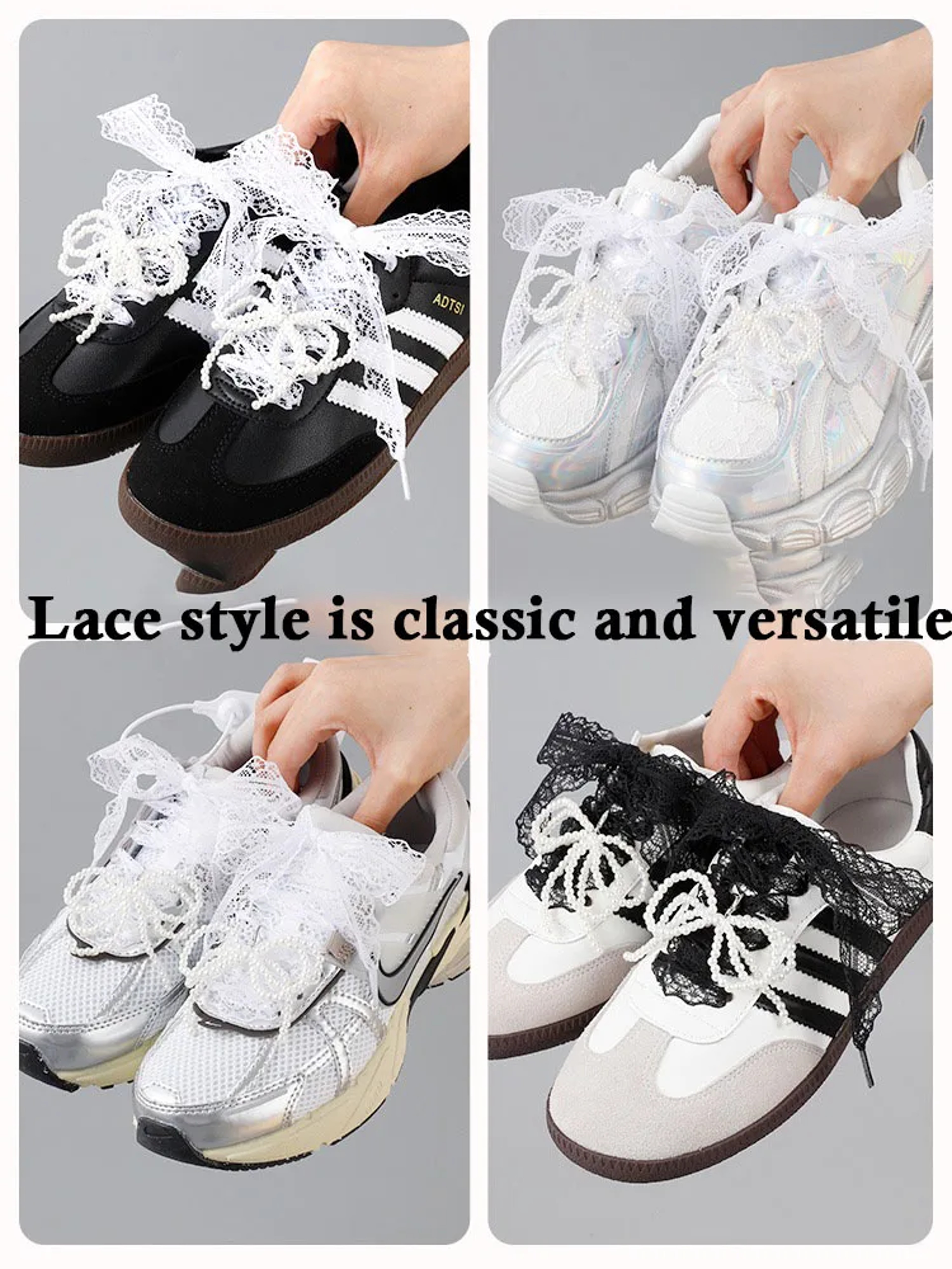 Wide Fancy Lace Shoelaces for Women Sneakers, Flat Decorative Shoe Laces for Casual Shoes, White & Black Footwear – view 4