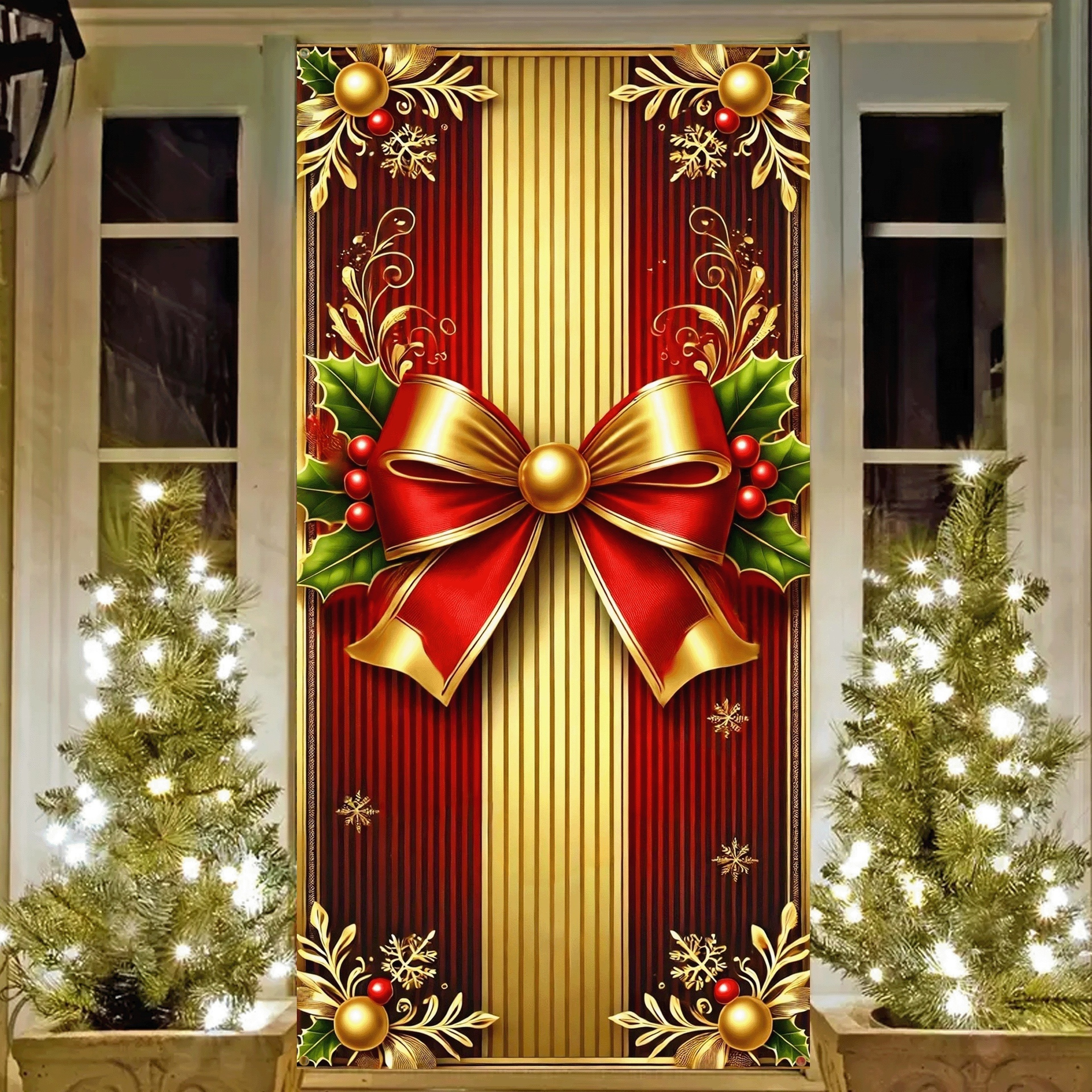 Autumn and Winter Christmas Banners, Red Gold Color Door Covers, New Years Decorations with Bows for Home Wall Party – view 6