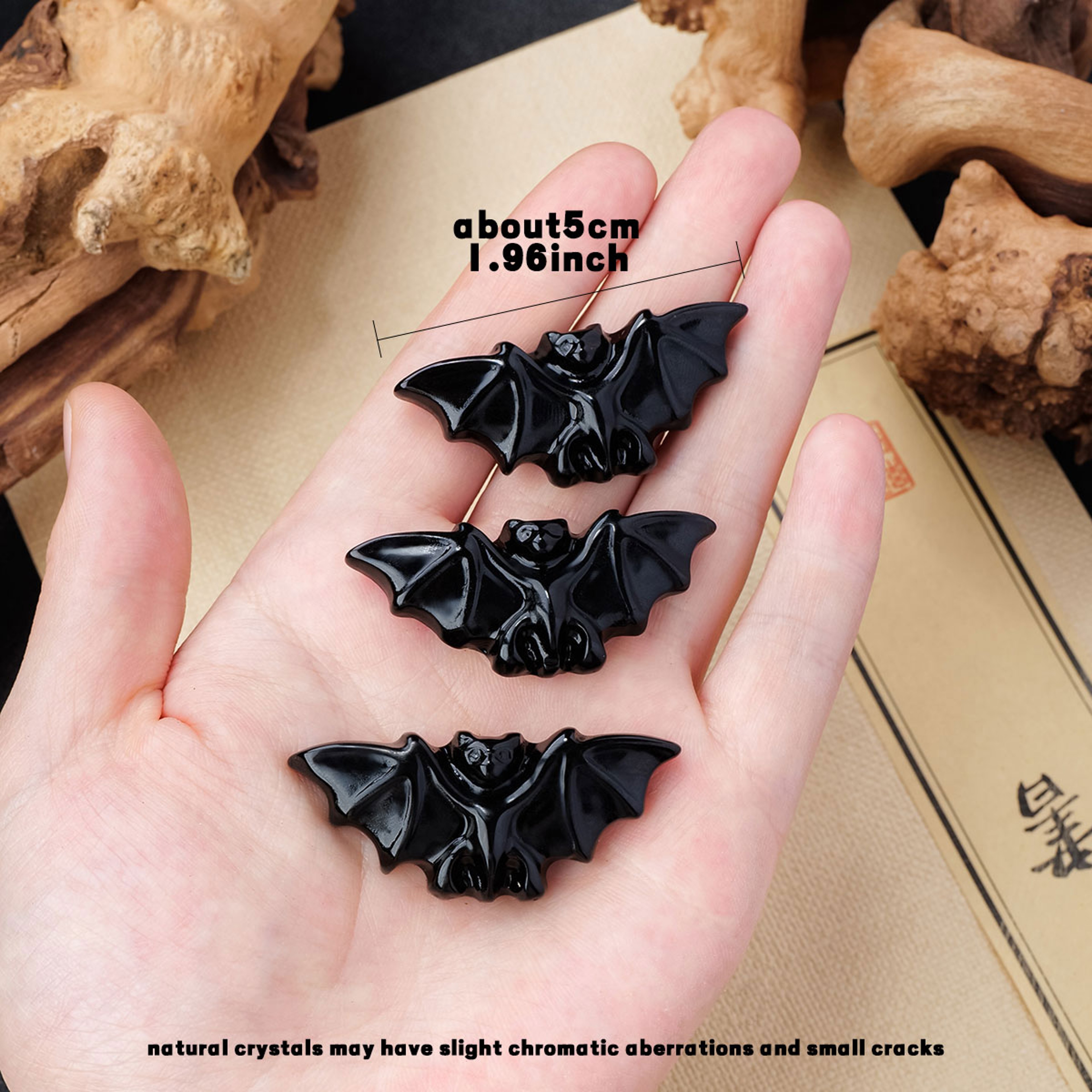1PC Natural Crystal Obsidian Bat Animal Figurine  Healing Energy Carved Crystal Halloween Decoratio