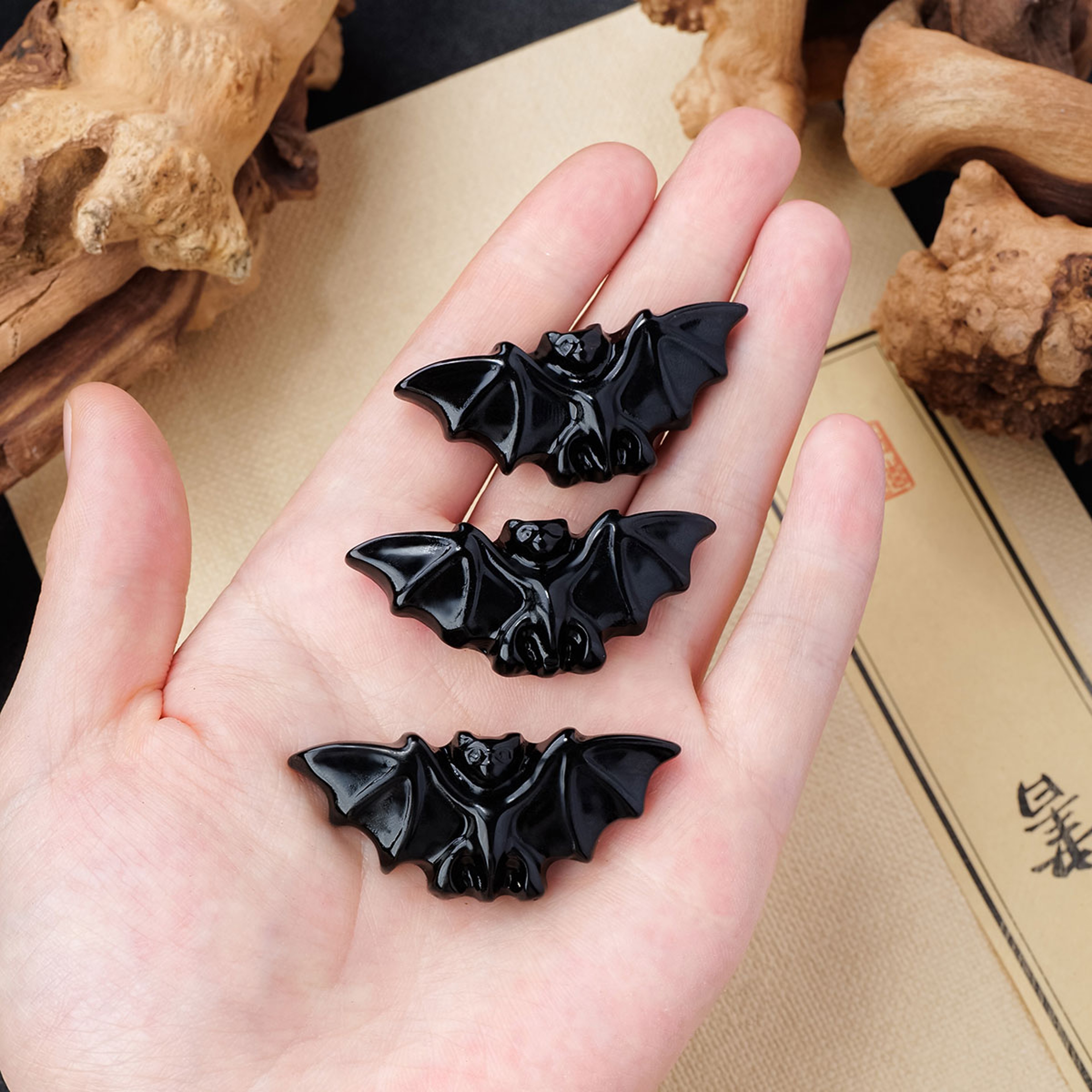 Carved Crystal Obsidian Bat Animal Figurine  Healing Energy Halloween Decoration Gift 6