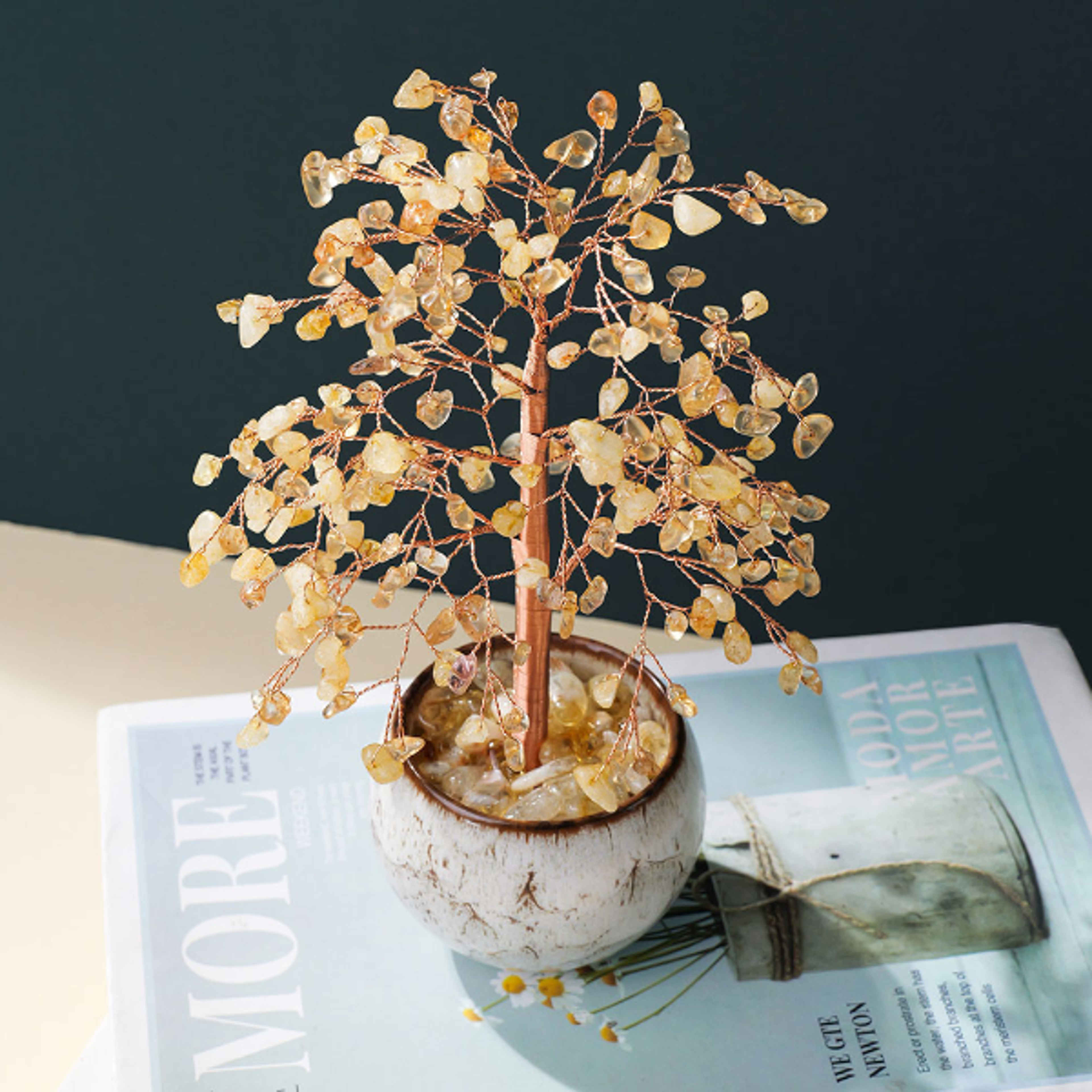 1PC Natural Crystal Citrine Tree Energy Stone Money Tree Copper Wire Wrapped Colorful Teabowl Yoga F