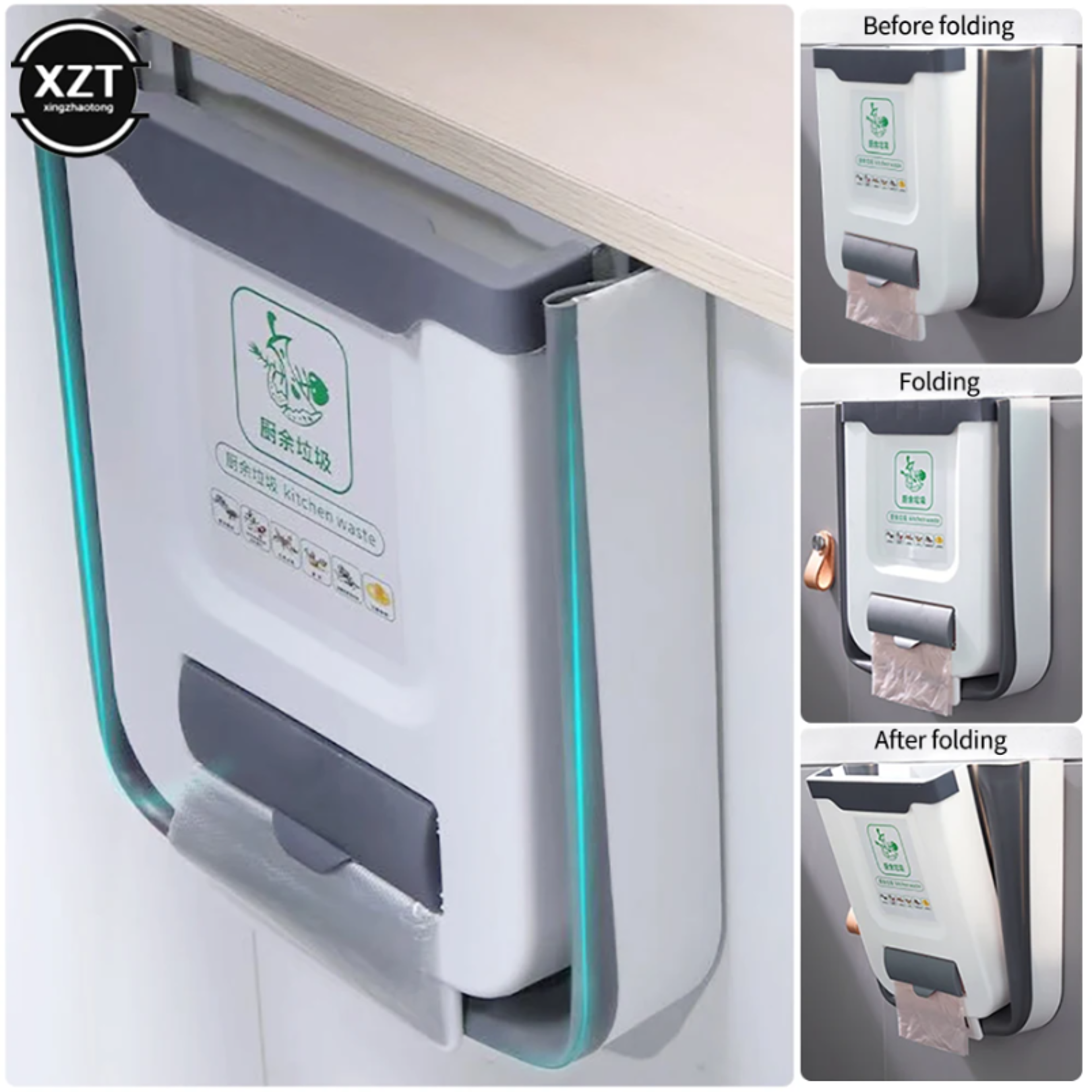 Space Saver Wall Mounted Folding Trash Can Kitchen Cabinet Door Trash Bin 3