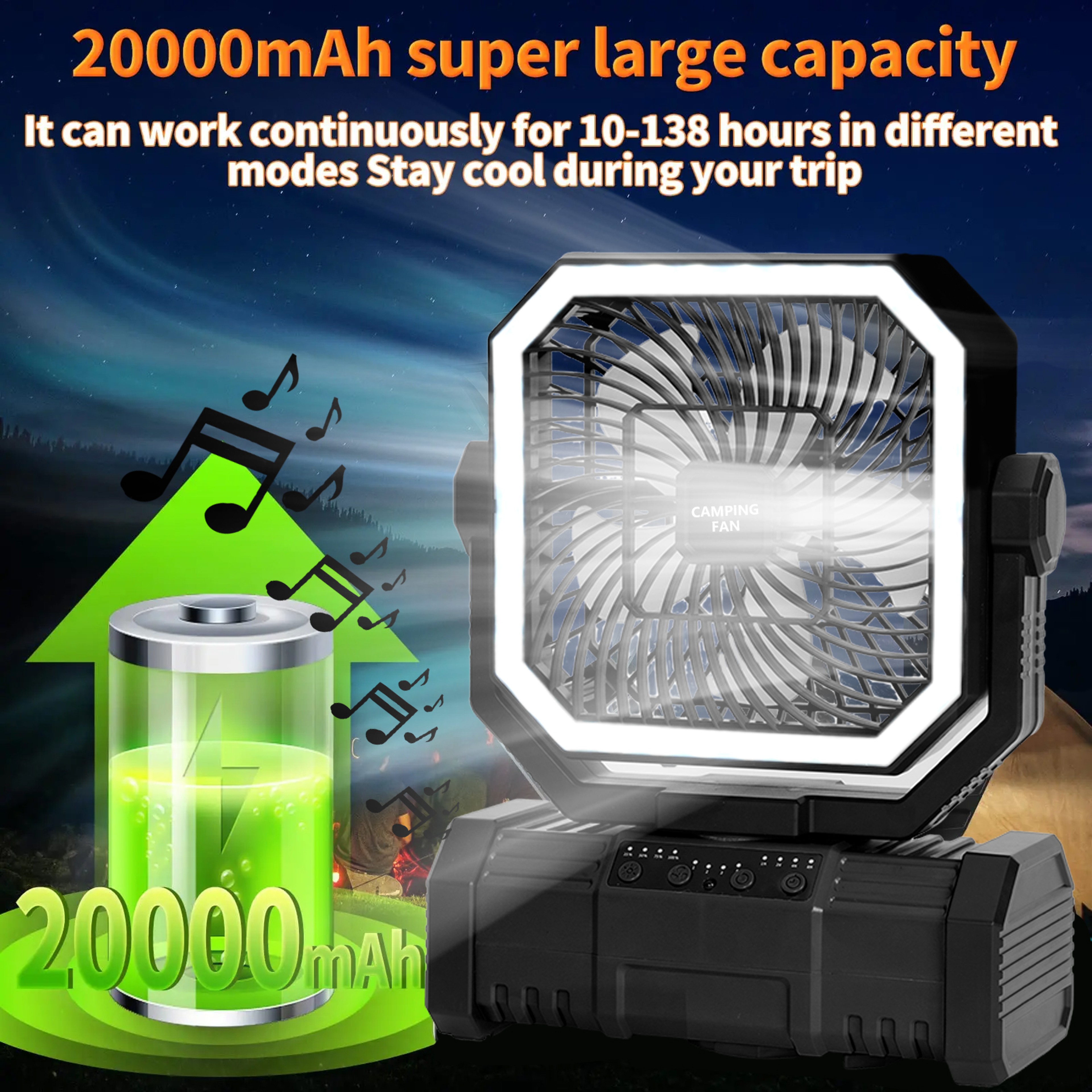 Rechargeable Camping Fan With LED Light Remote Control  Tent Ceiling Hook 6