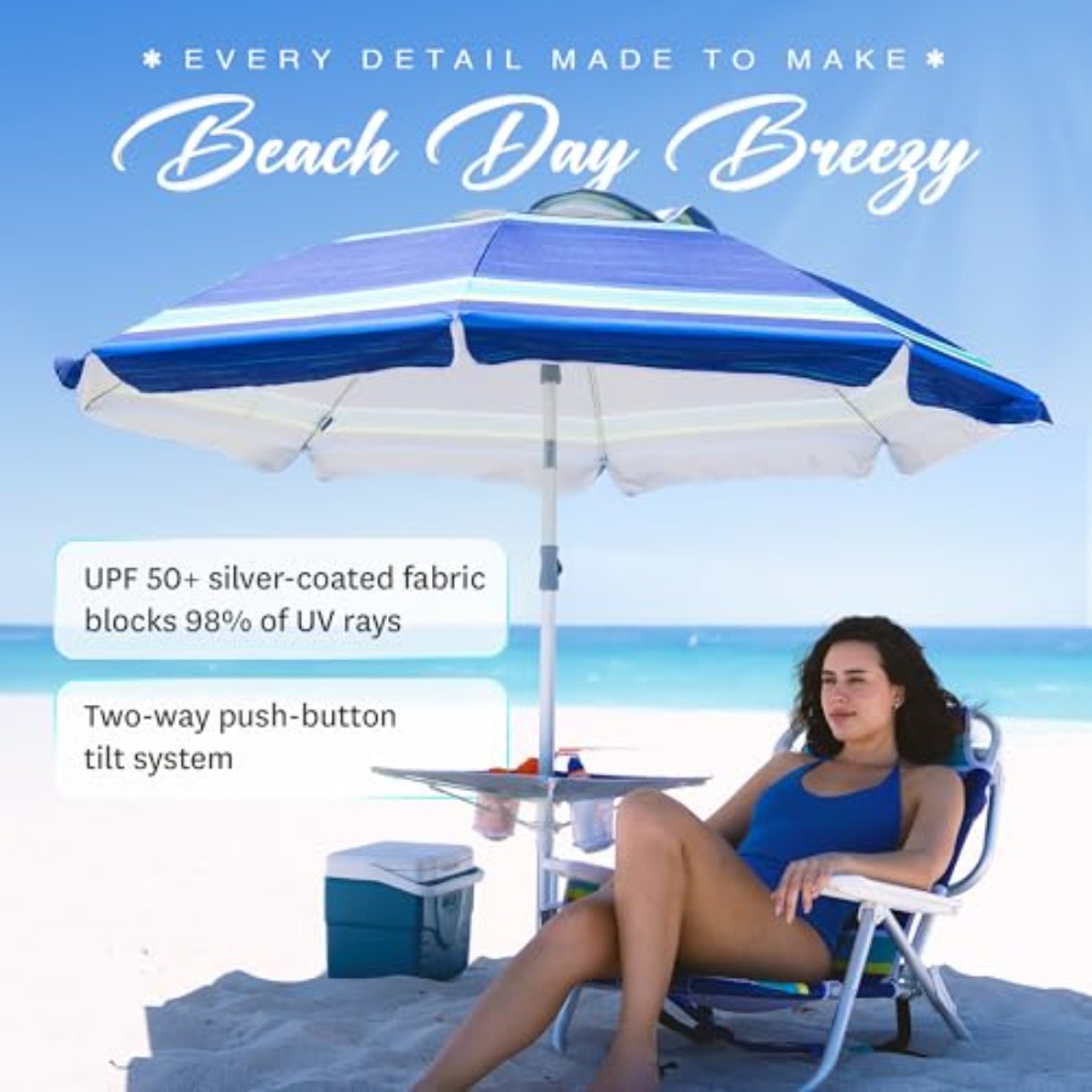 Coastal Guard UPF Beach Umbrella With Sand Anchor  High Wind Protection 3