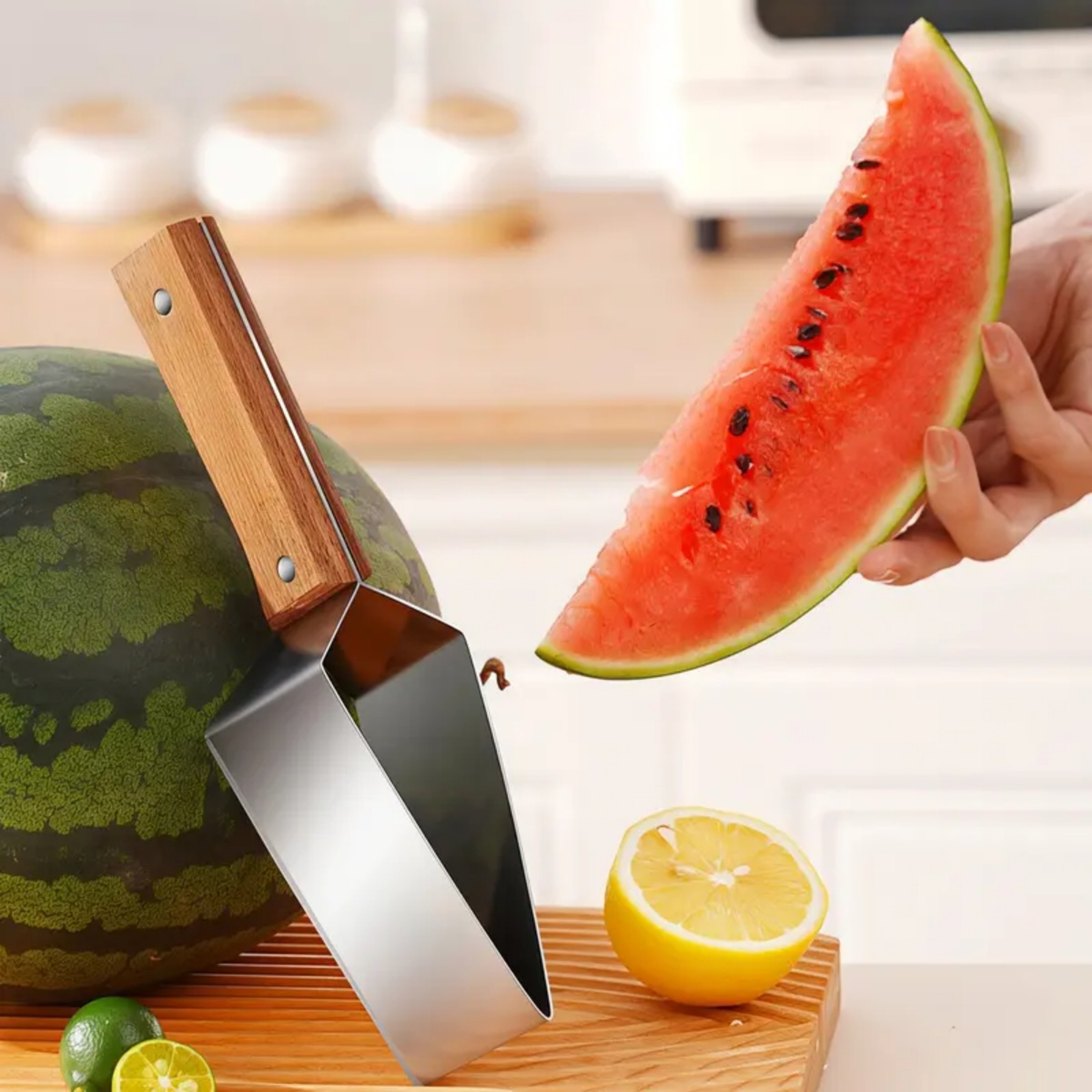 SliceMaster Stainless Steel Watermelon Cutter  Melon Slicer With Ergonomic Wooden Handle 5