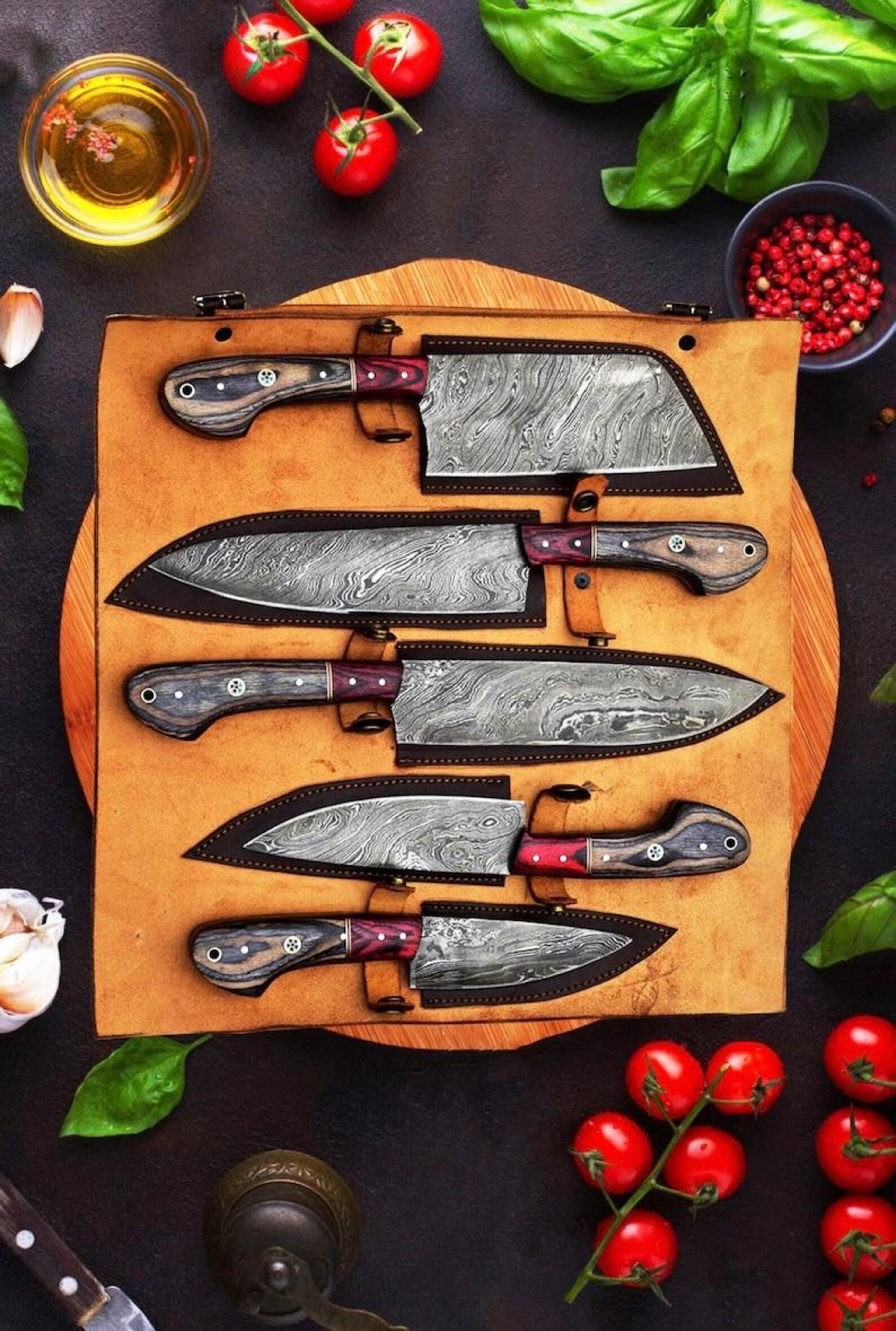 Luxury Hand Forged Damascus Steel Chef Knife Set With Walnut Wood Handle  5 Piece Kitchen Kniv 0