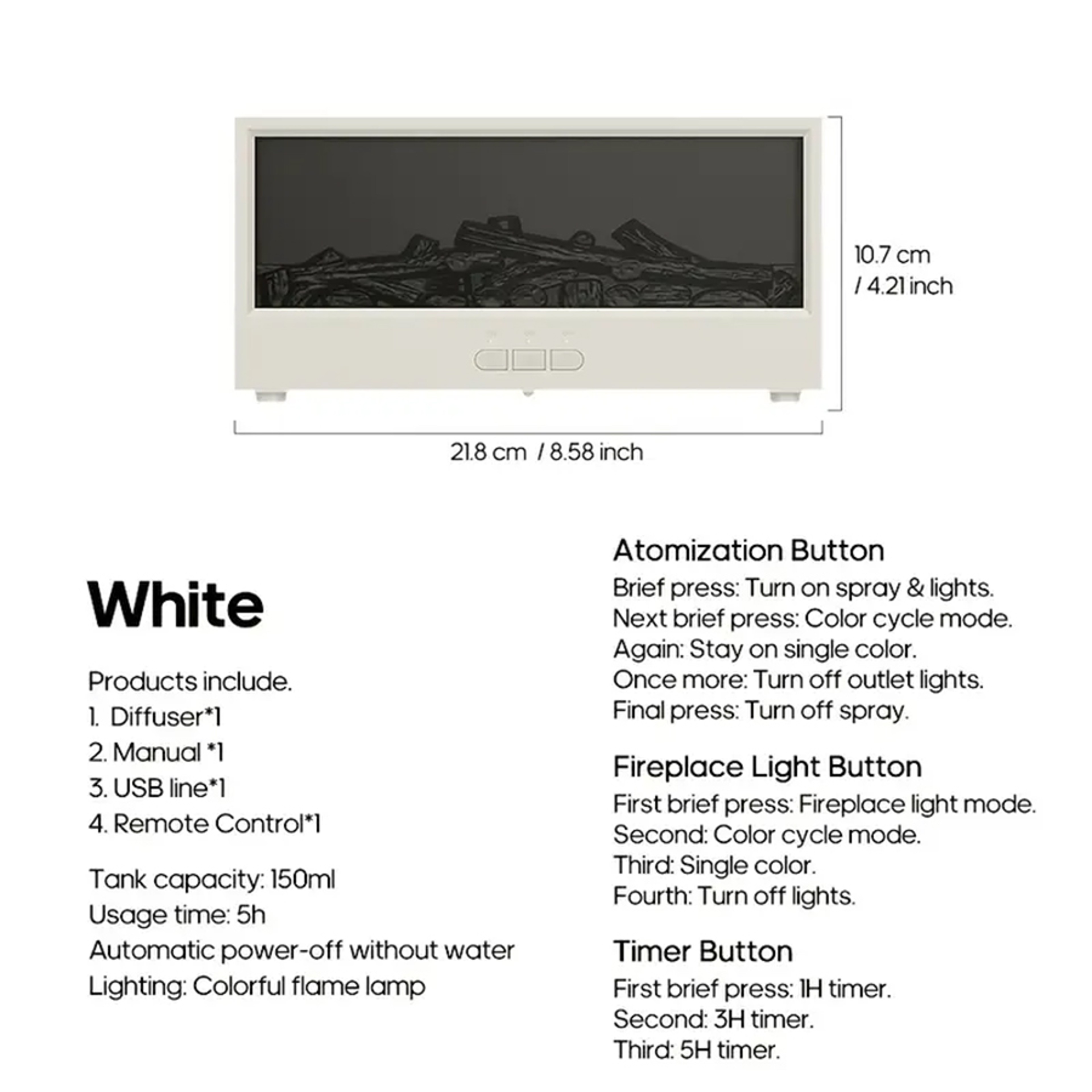 USB Powered Fireplace Humidifier and Aroma Diffuser, with Remote Control, Color Changing Lights, Adjustable Timer – view 8