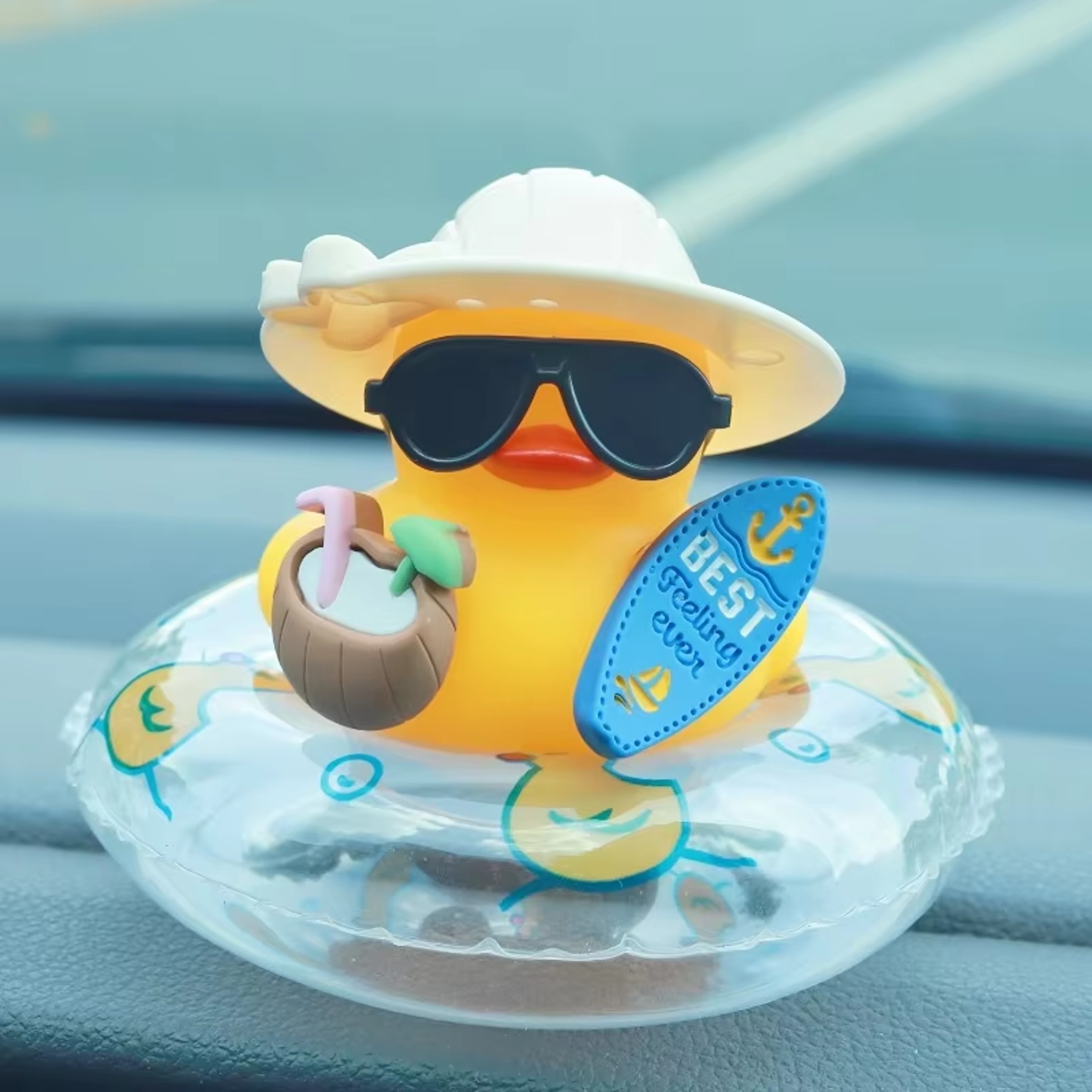 Rubber Duck Car Decor Cute Dashboard Ornament With Sunglasses And Swim Ring 0