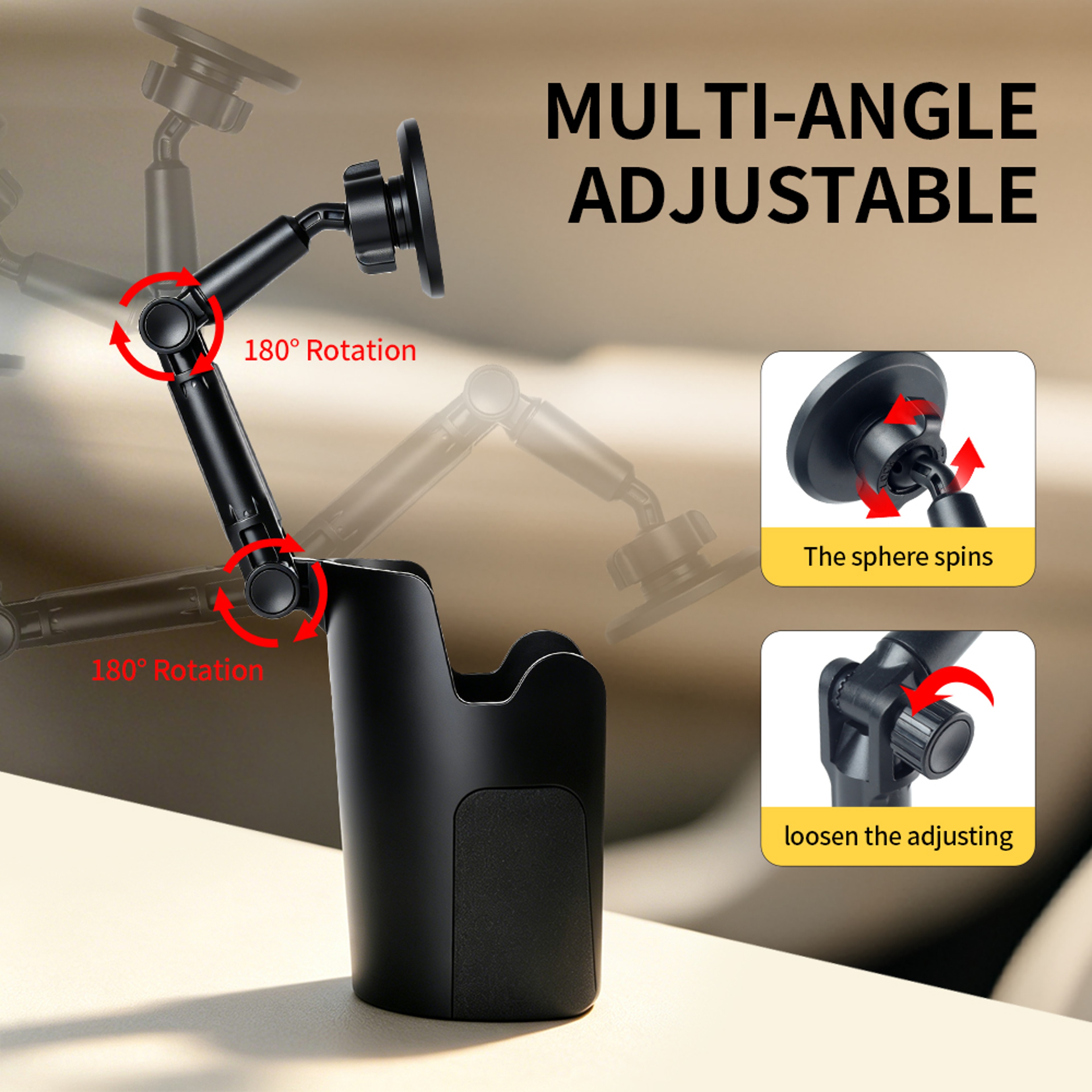 Car Phone Mount With Magnetic Cup Holder Base And Adjustable Magnetic Phone Holder 3