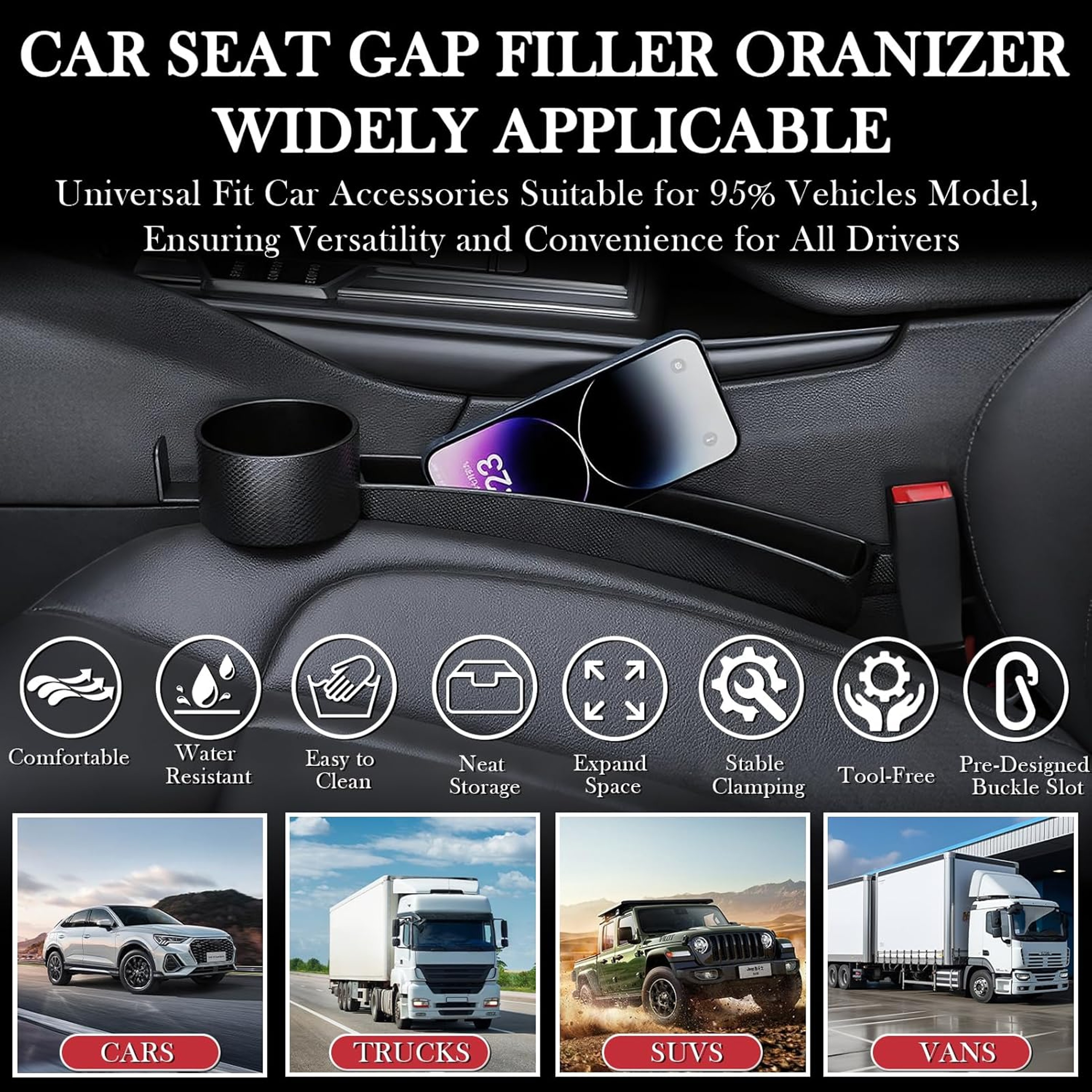 Car Seat Gap Filler Set of with Organizer Cup Holder & Hooks Car Seat Gap Organizer – view 5