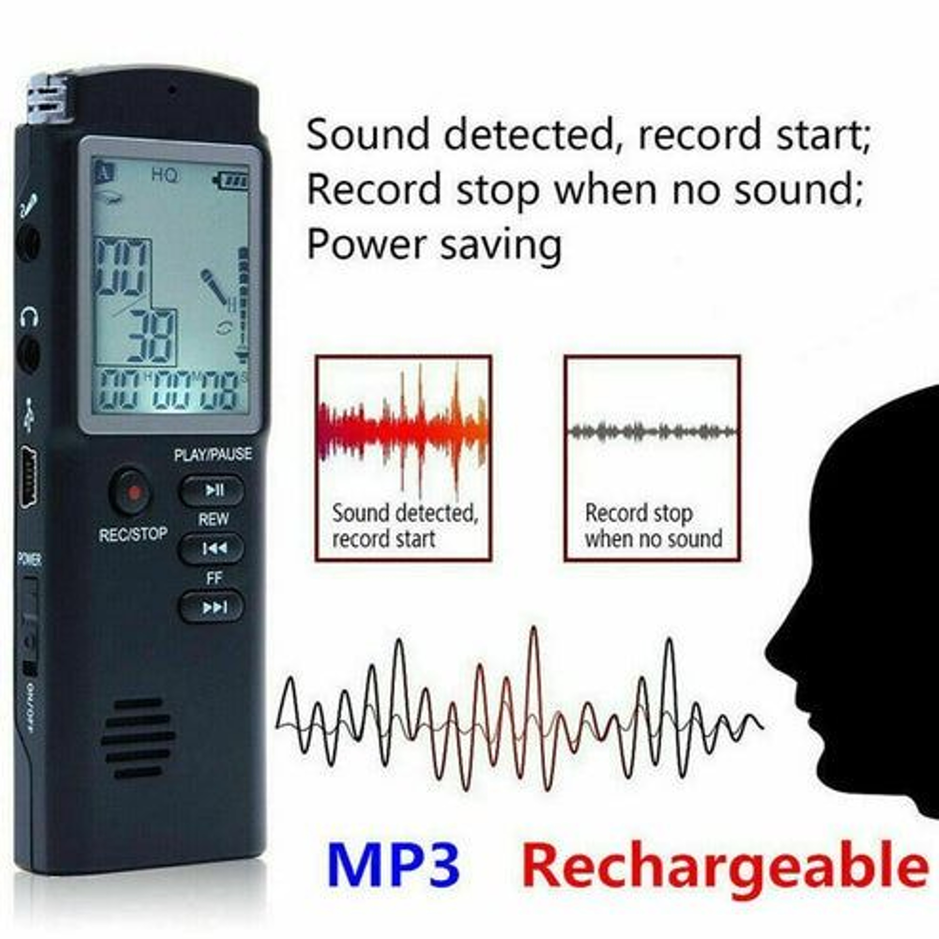 Voice Activated Digital Audio Recorder Player Dictaphone HighQuality Sound LCD Display USB Charging 7