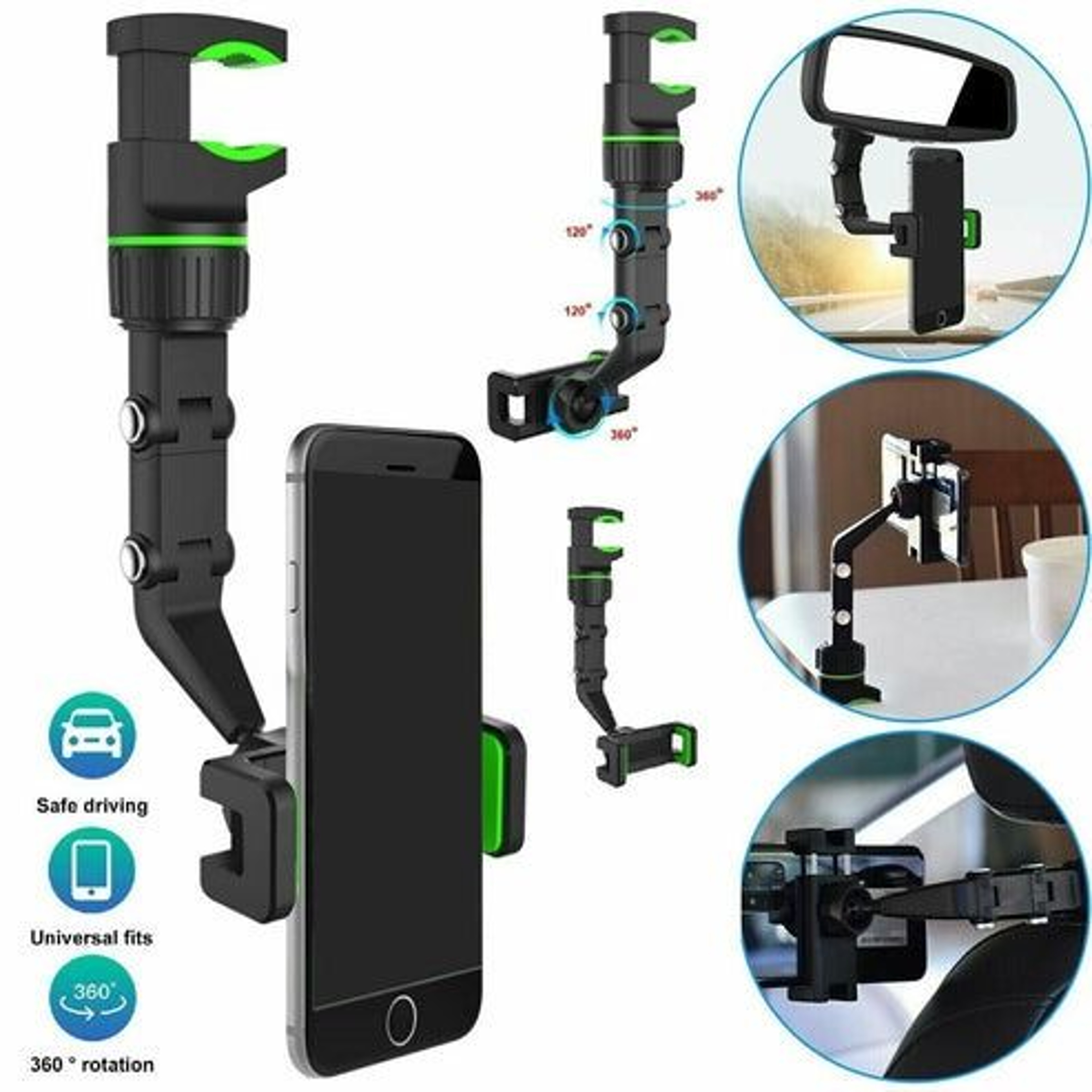 Adjustable Car Rearview Mirror Phone Holder Mount Multifunctional Rotating Secure Clip Easy Setup 3