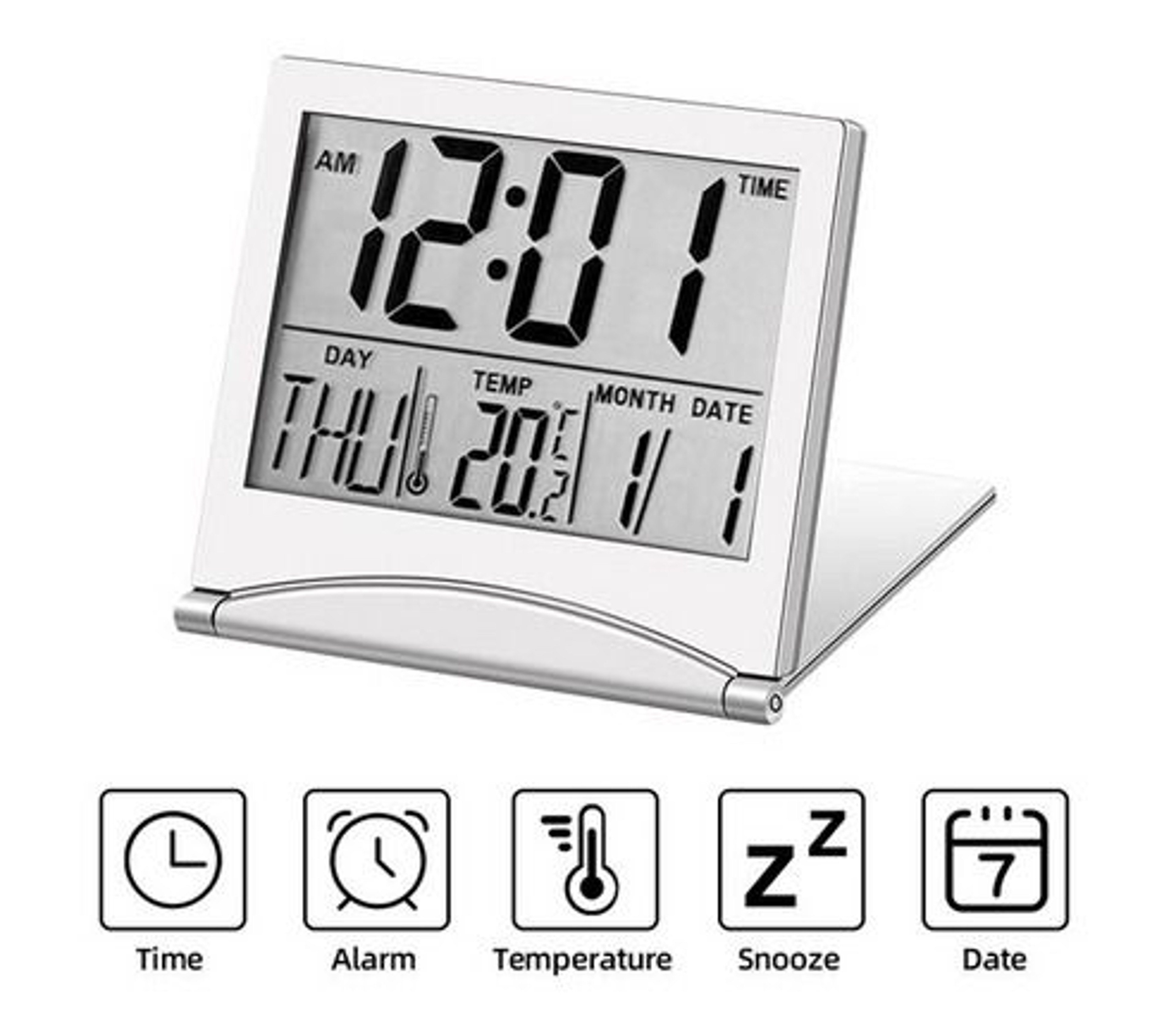 Compact Digital Travel Alarm Clock LCD Temperature Display Foldable Desk Timer 9