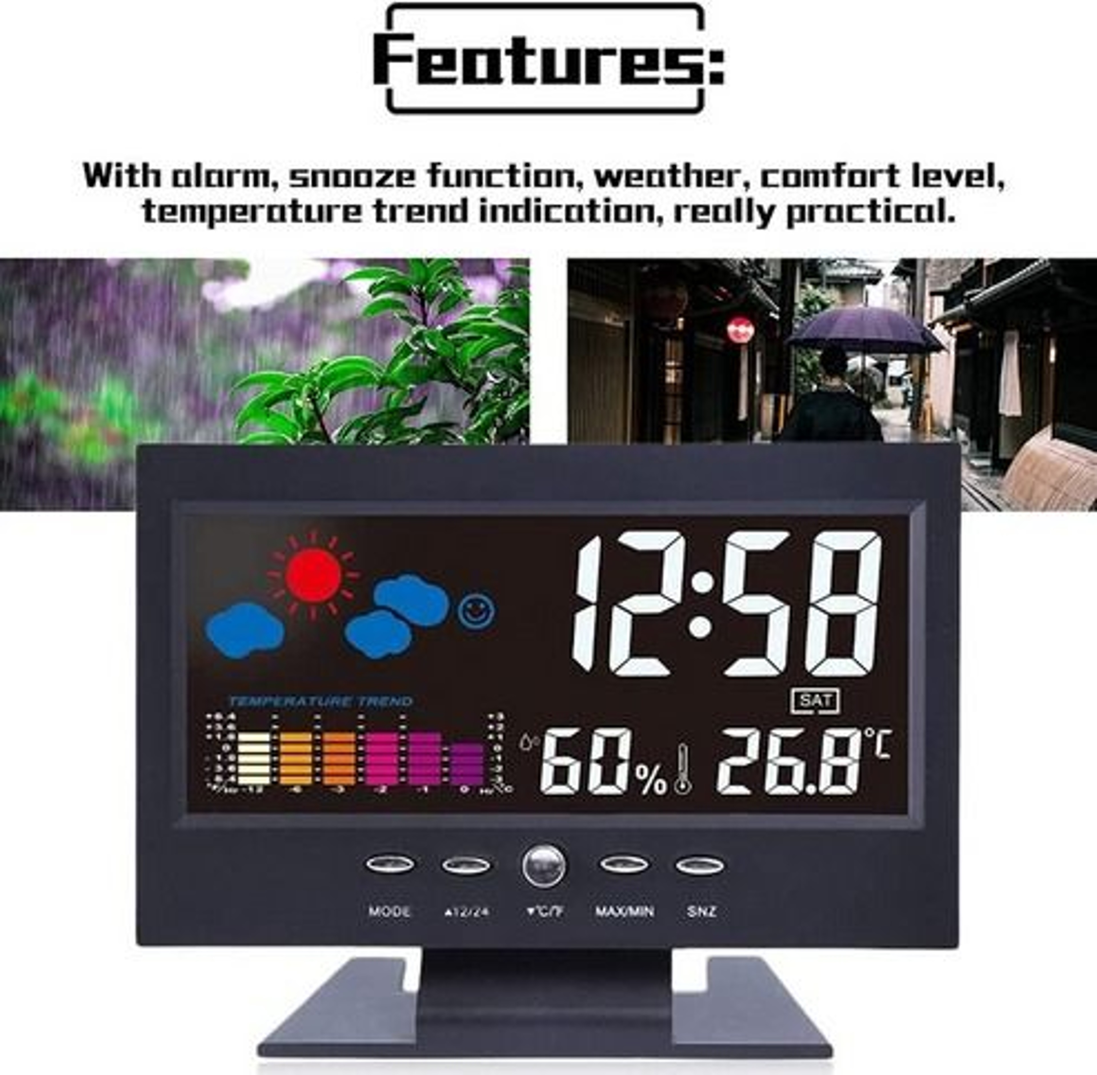 LED Digital Alarm Clock With Snooze Calendar Thermometer Hygrometer  Weather Display  Large Backlit 10
