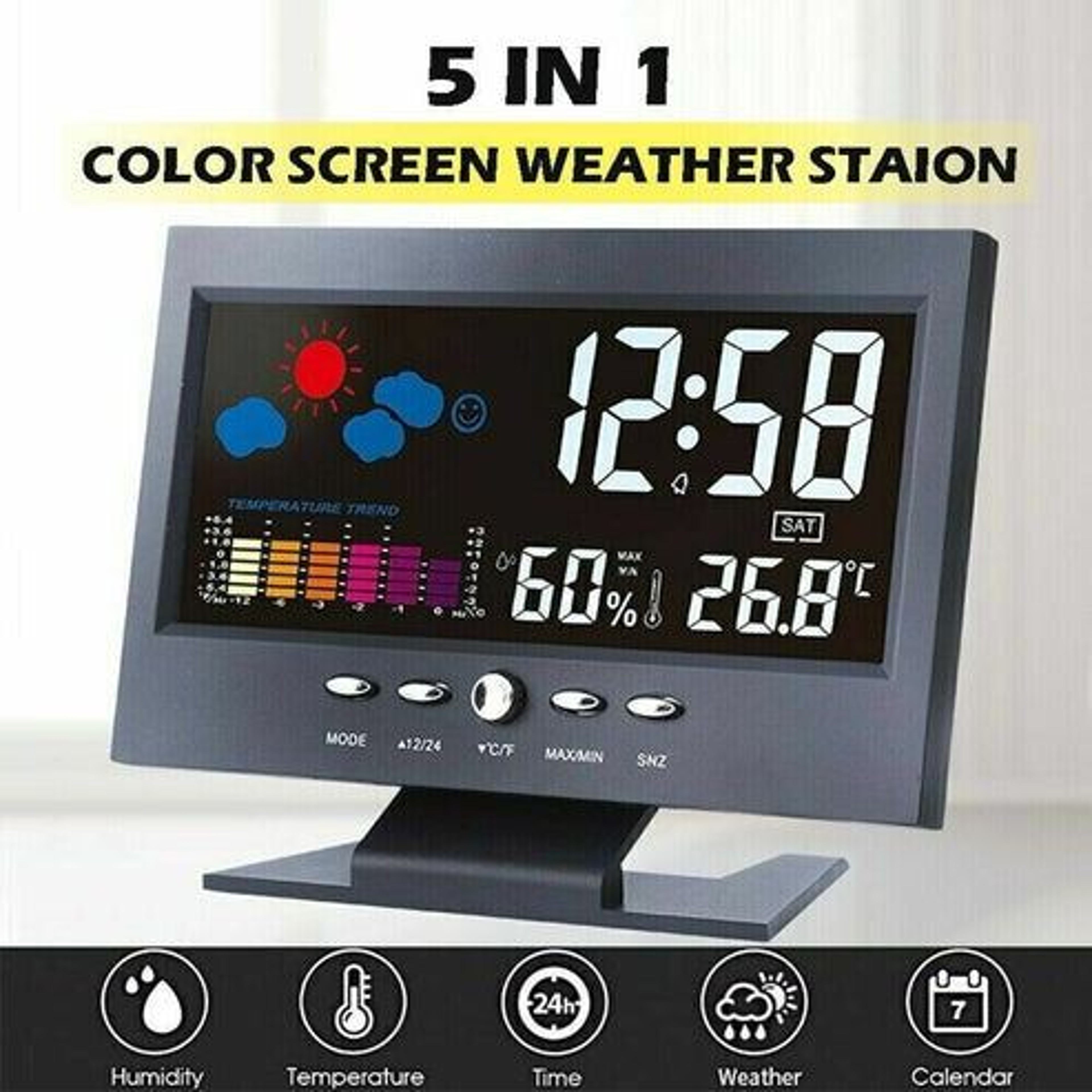 LED Digital Alarm Clock With Snooze Calendar Thermometer Hygrometer  Weather Display  Large Backlit 6