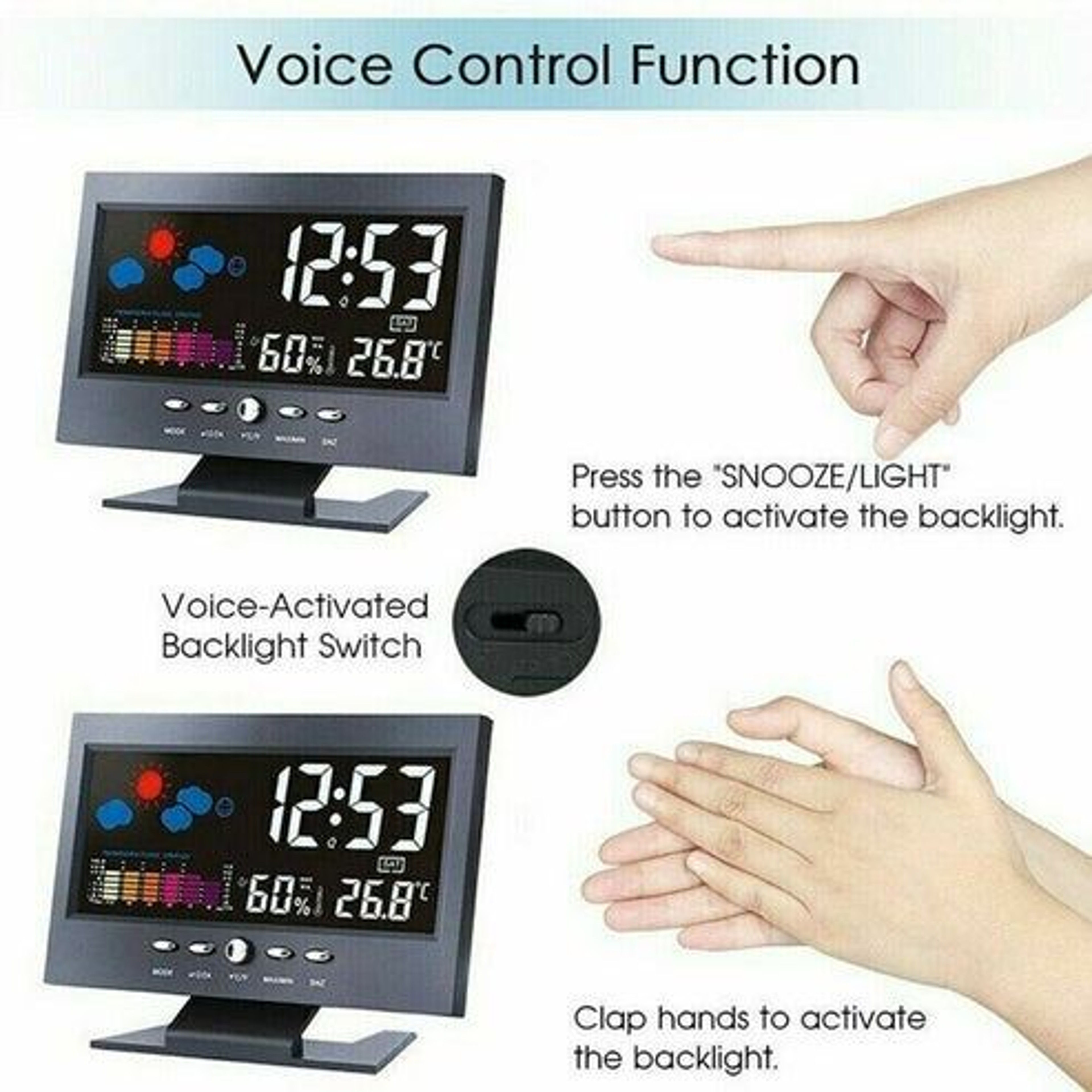 LED Digital Alarm Clock With Snooze Calendar Thermometer Hygrometer  Weather Display  Large Backlit 7