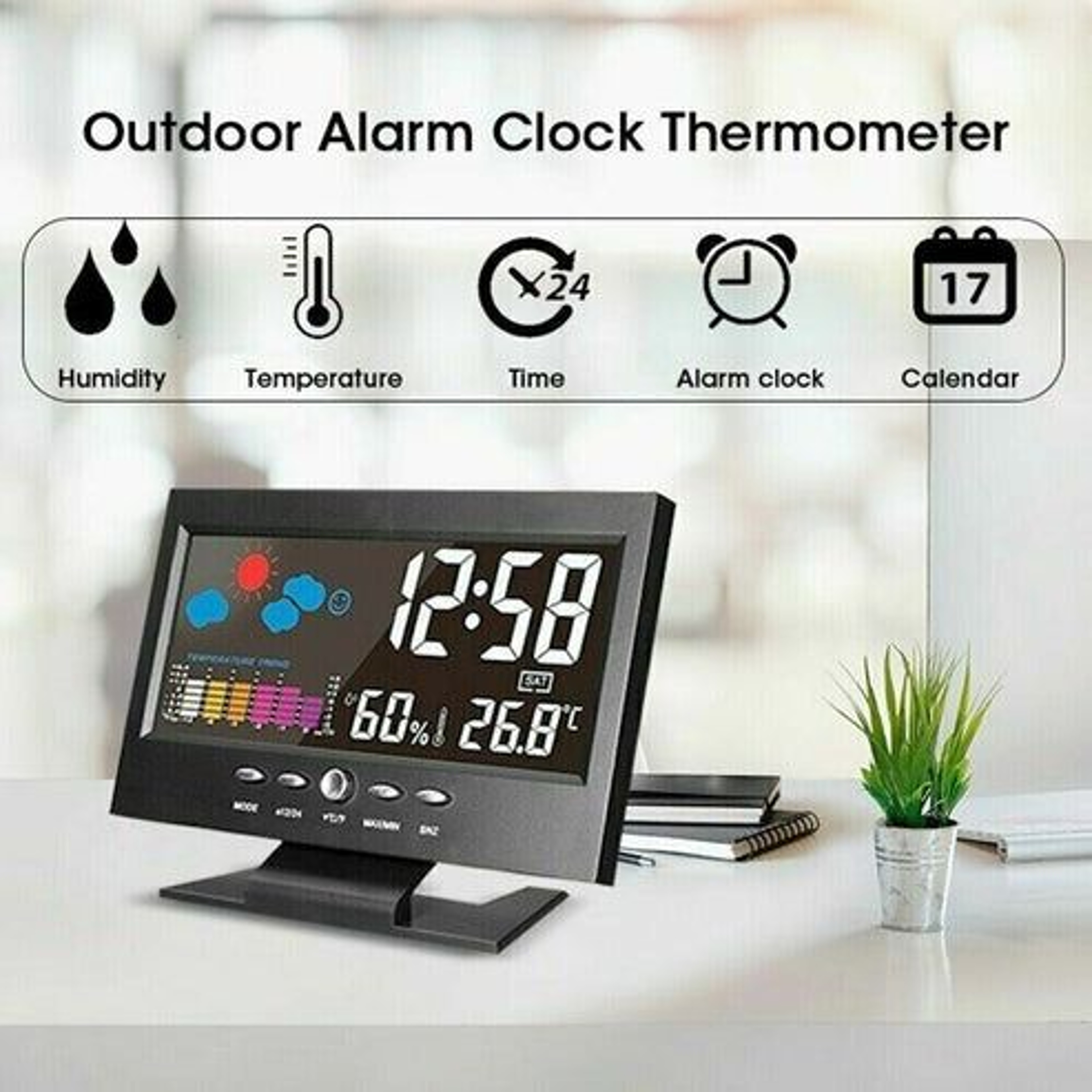 LED Digital Alarm Clock With Snooze Calendar Thermometer Hygrometer  Weather Display  Large Backlit 9