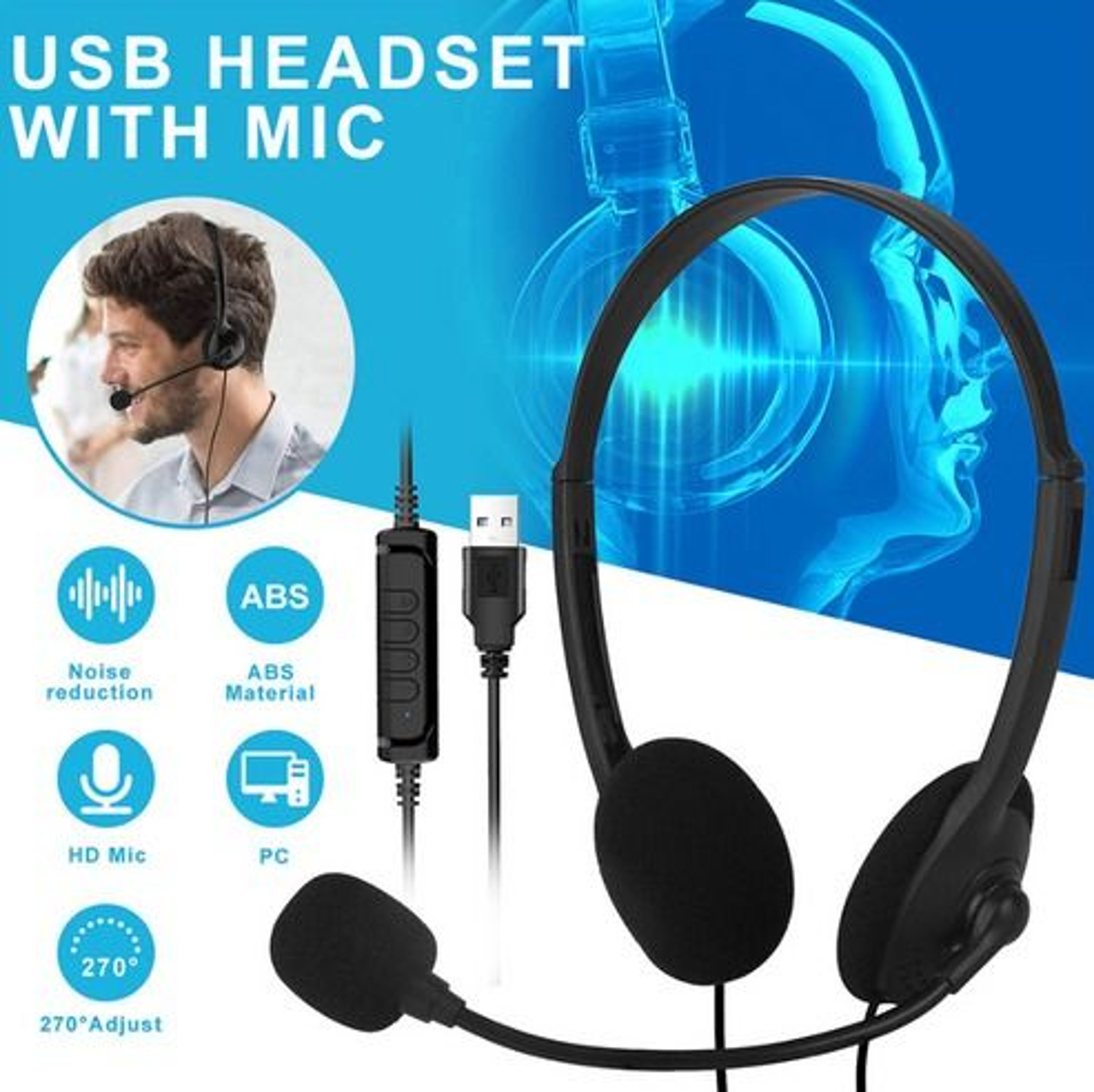 USB Headset Headphone With Microphone Noise Cancelling For PC Computer Call Chat Zoom Meetings Offi 1