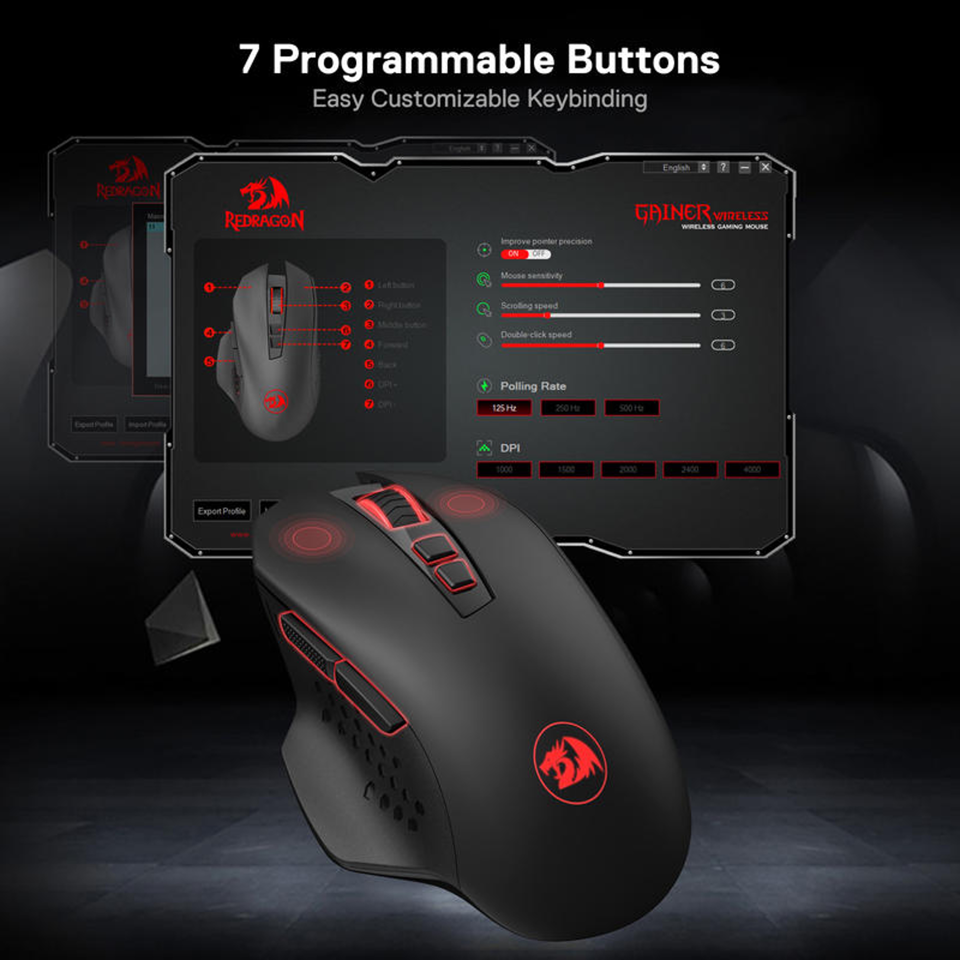 2.4Ghz Wireless Gaming Mouse Redragon M656 Gainer, 4000 DPI, 5 DPI Levels, 7 Macro Buttons, Red LED – view 2