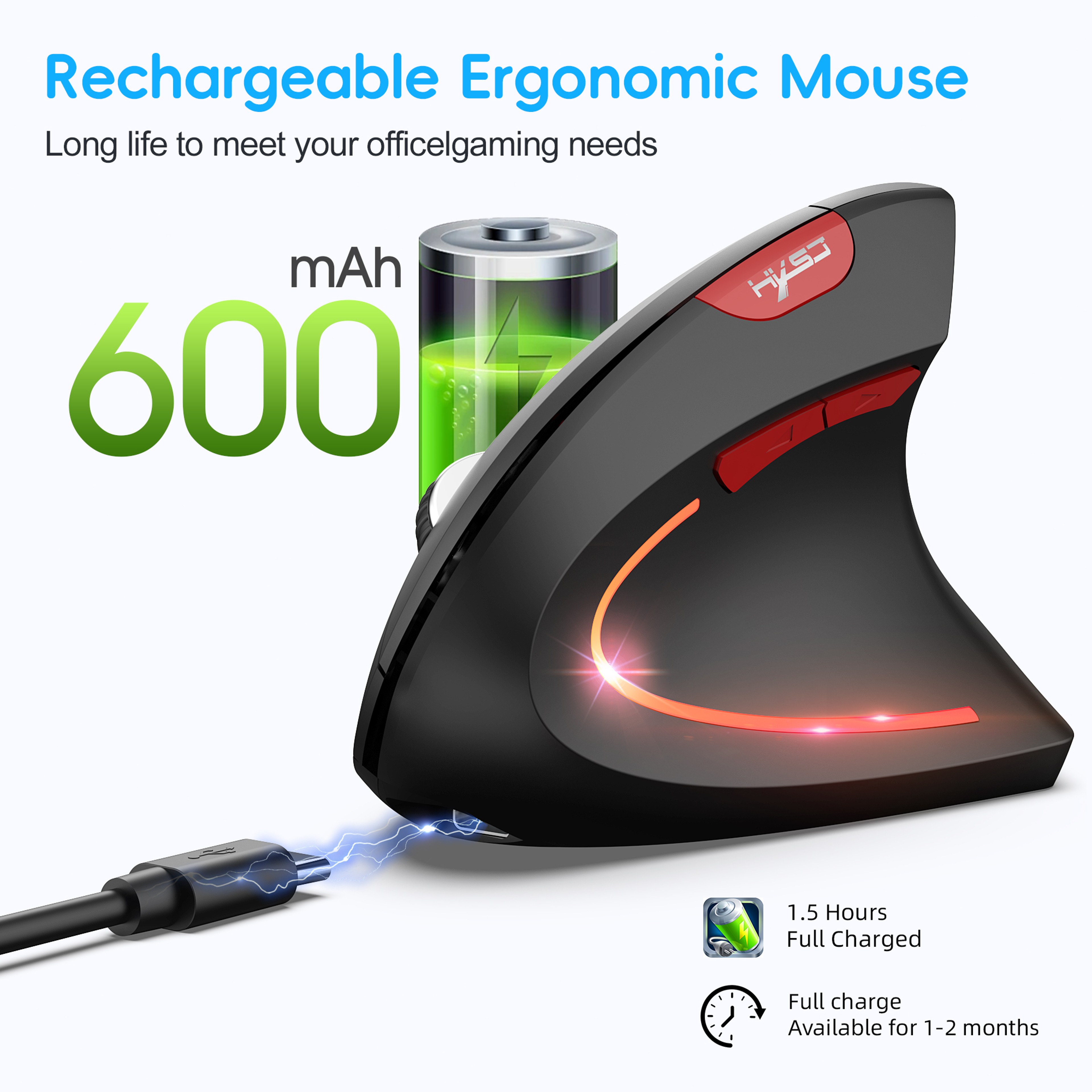 Dual Mode Vertical Mouse, Ergonomic Rechargeable ABS, Wireless Mouse for PC, Type-C Connect – view 5
