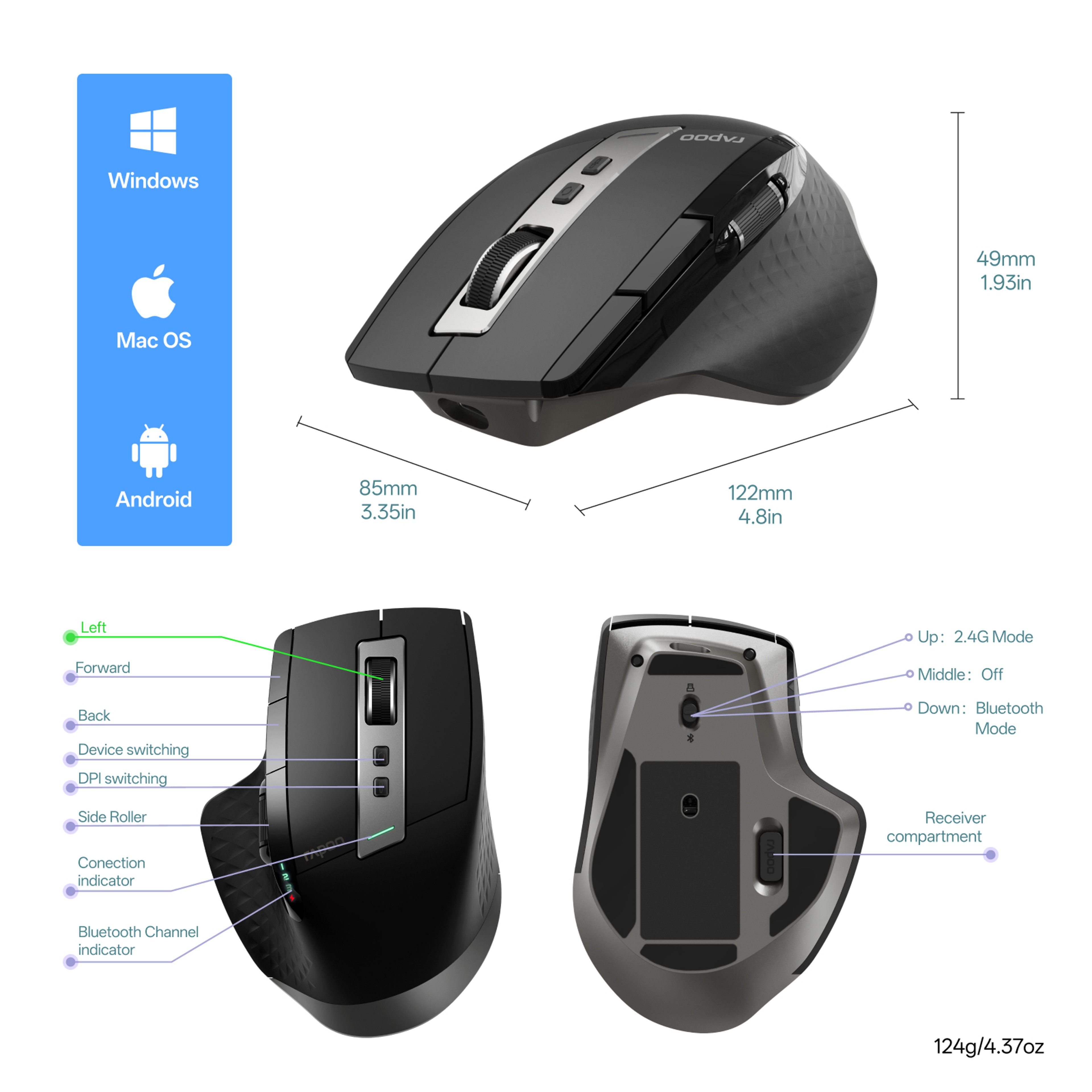 Ergonomic Wireless Bluetooth Mouse with DPI Multi Device Switching – view 6