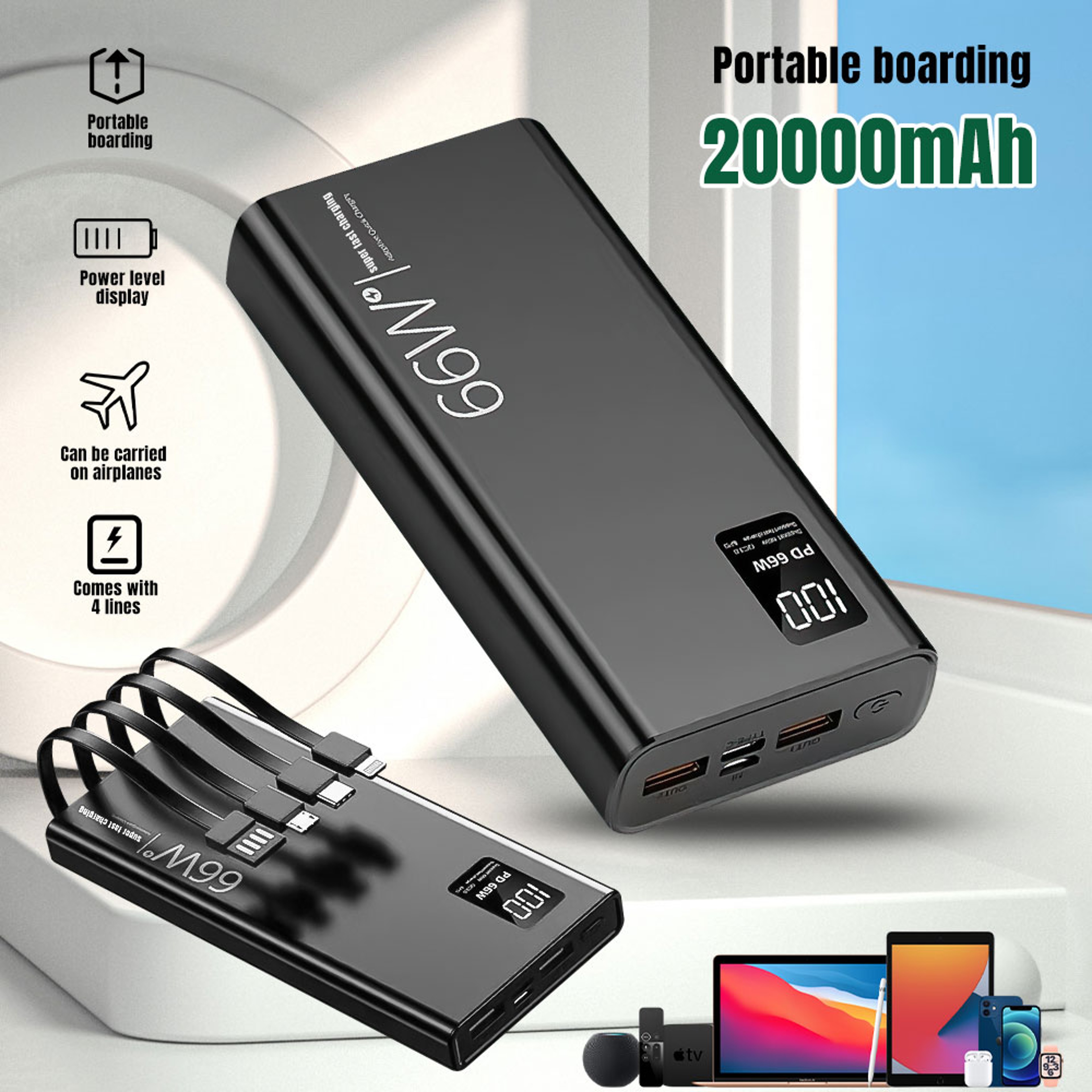 Power Bank Portable Fast Charger With 4 Built In Cables  Digital Display 2