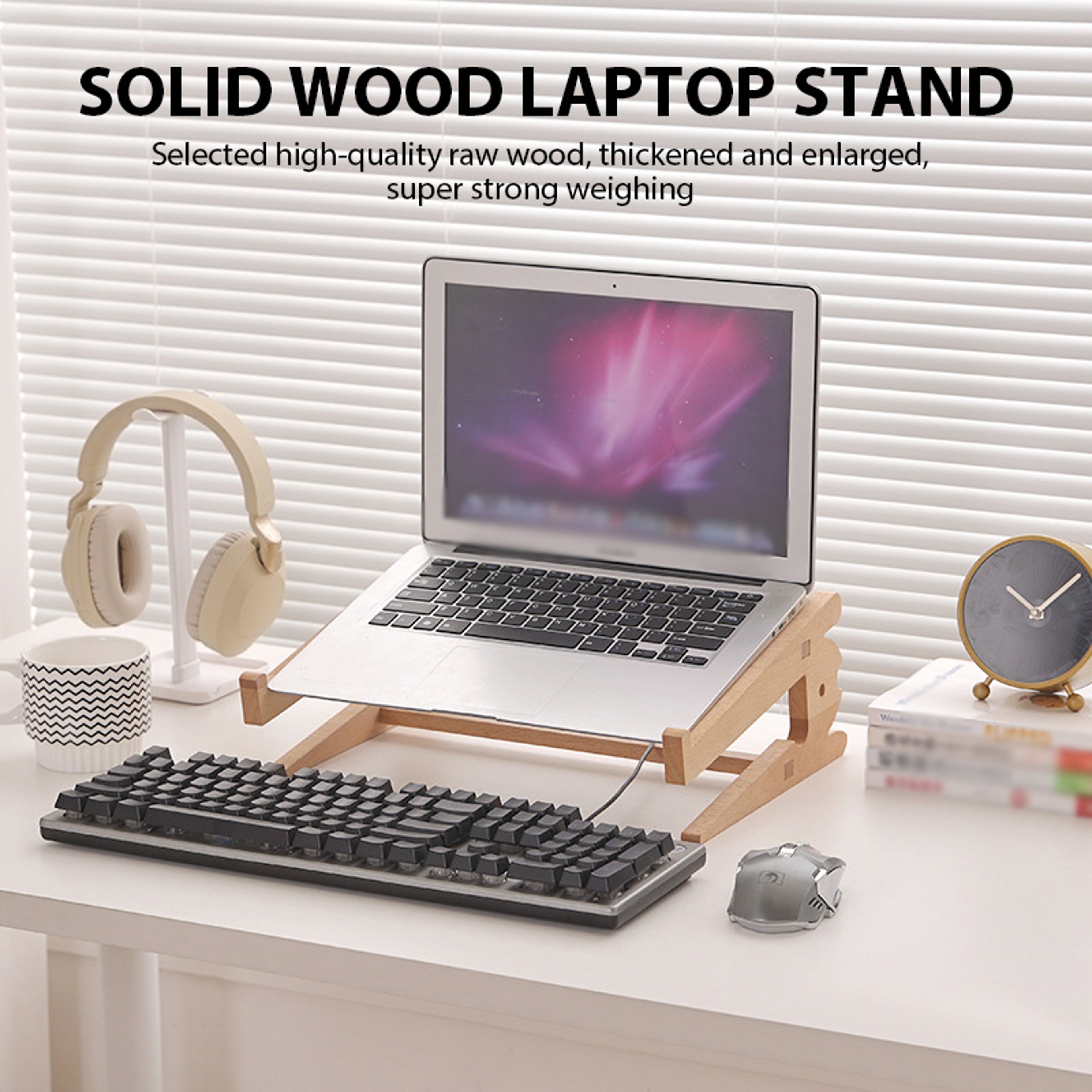 Solid Wood Vertical Laptop Stand Desktop MacBook Stand Space Saving Laptop Dock 2