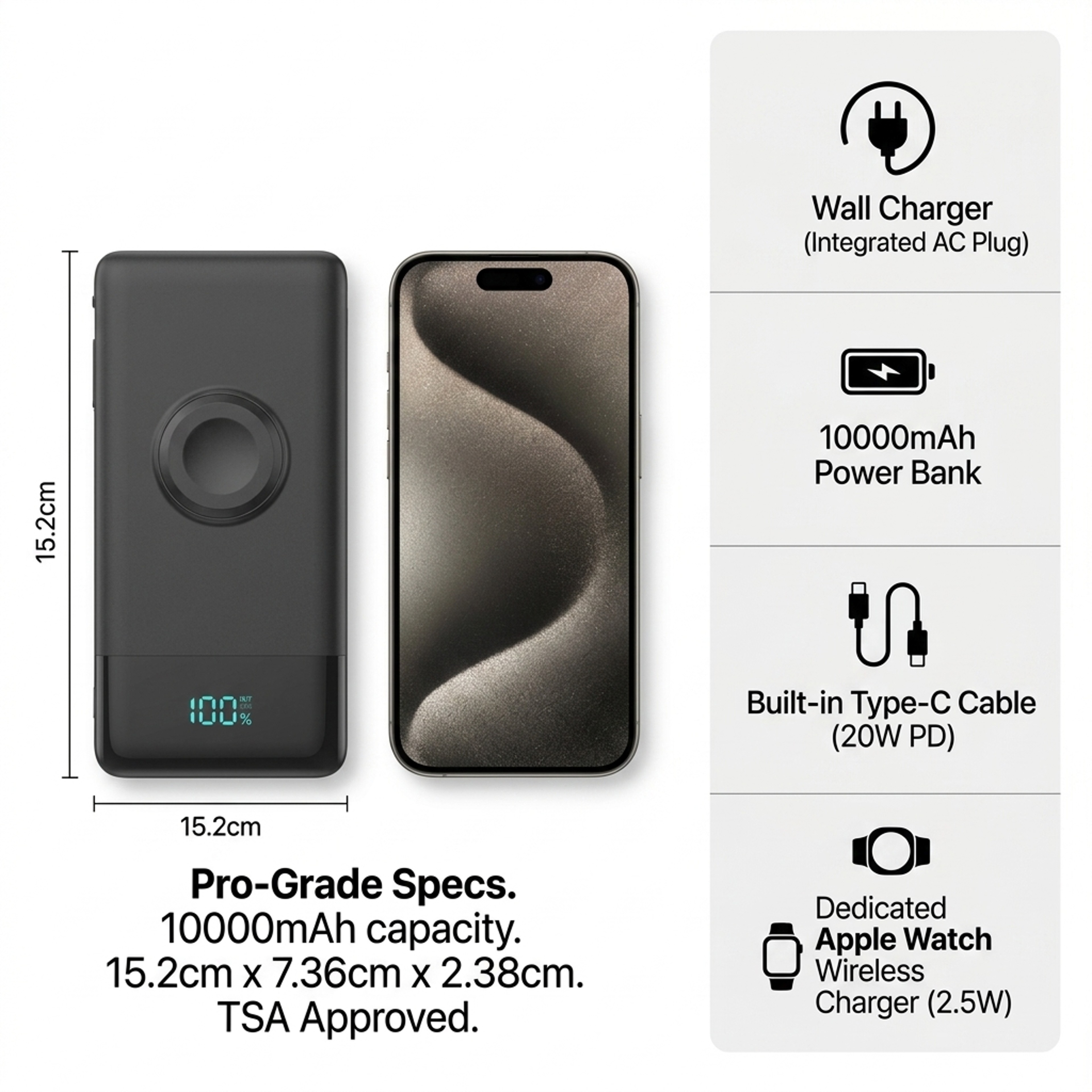 Fast Charging Portable Power Bank With Built In Cable AC Plug  Apple Watch Charger 3