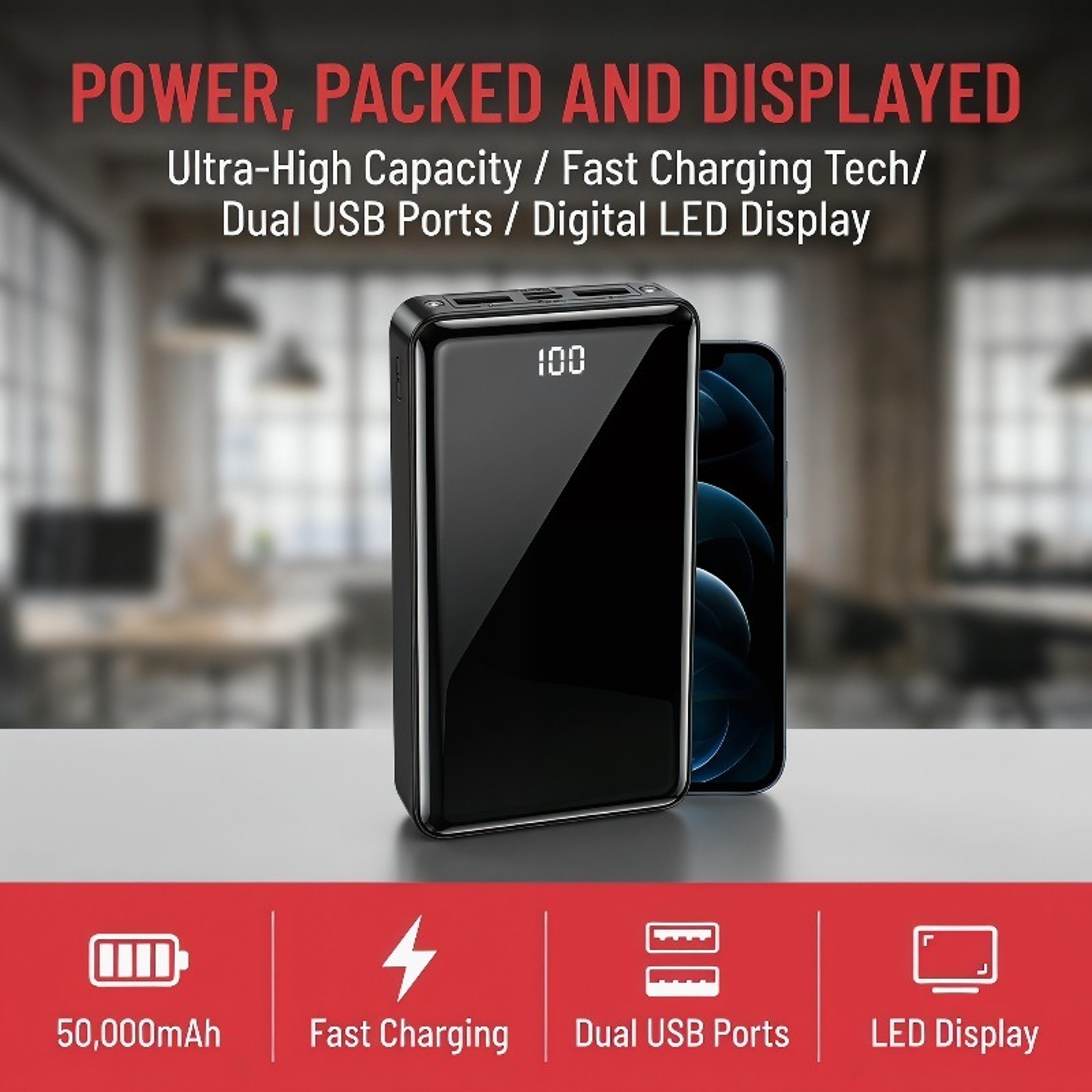 Portable Charger With LED Display Flashlight  USB C Fast Charging Power Bank 2