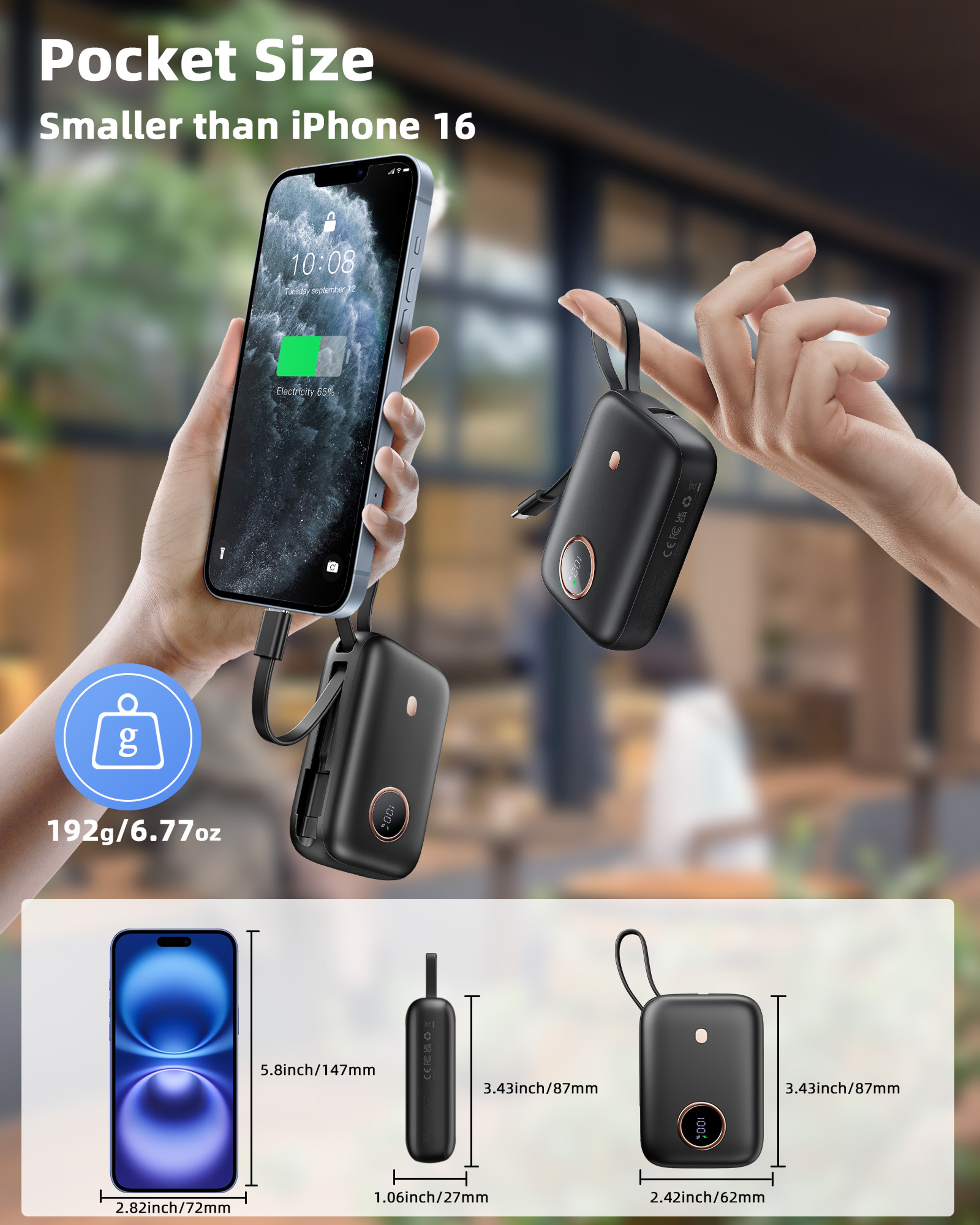 Mini Power Bank With Built In Cable Fast Portable Charger 6