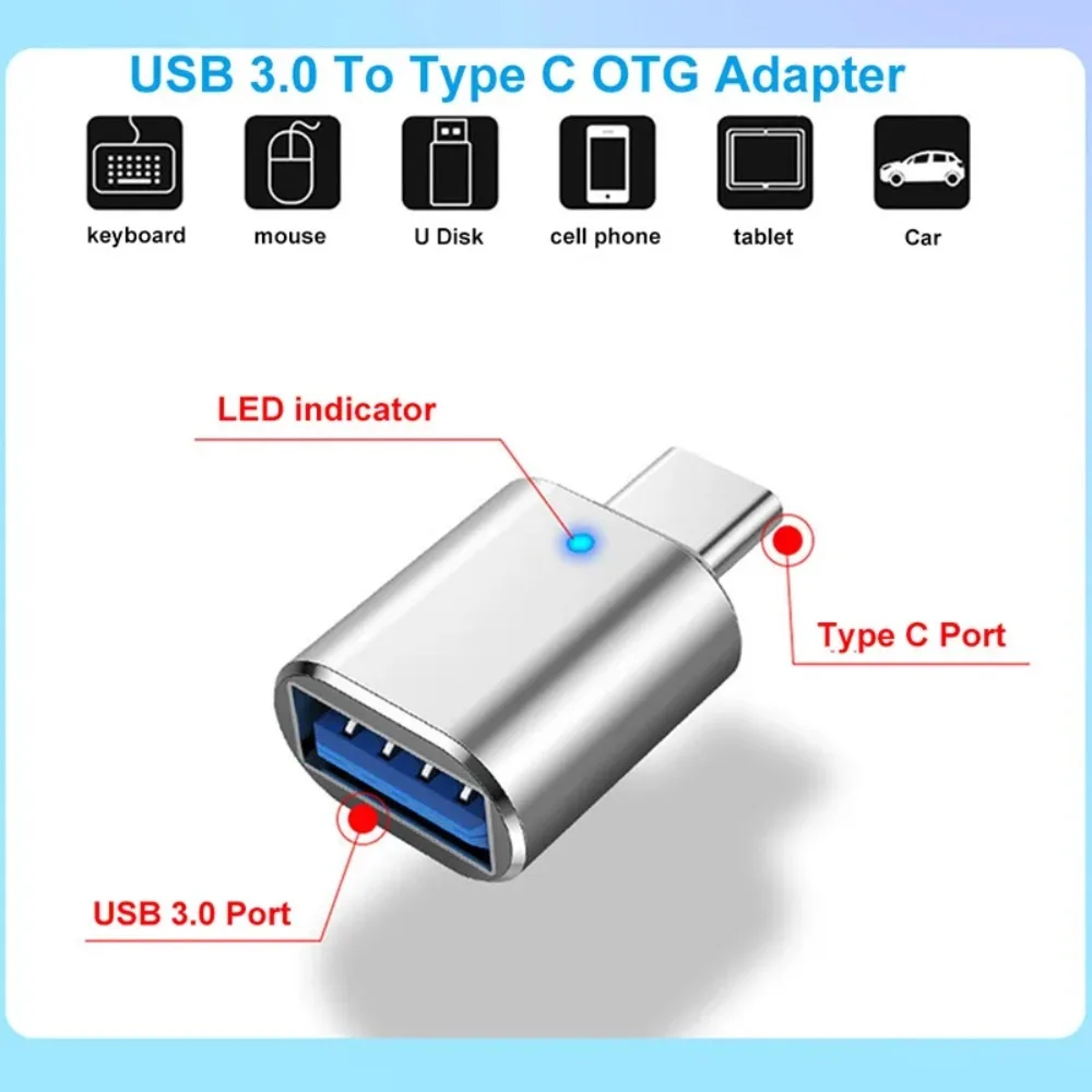 USB C To USB OTG Adapter Fast Data Transfer USB A To USB C Converter With LED Indicator 4