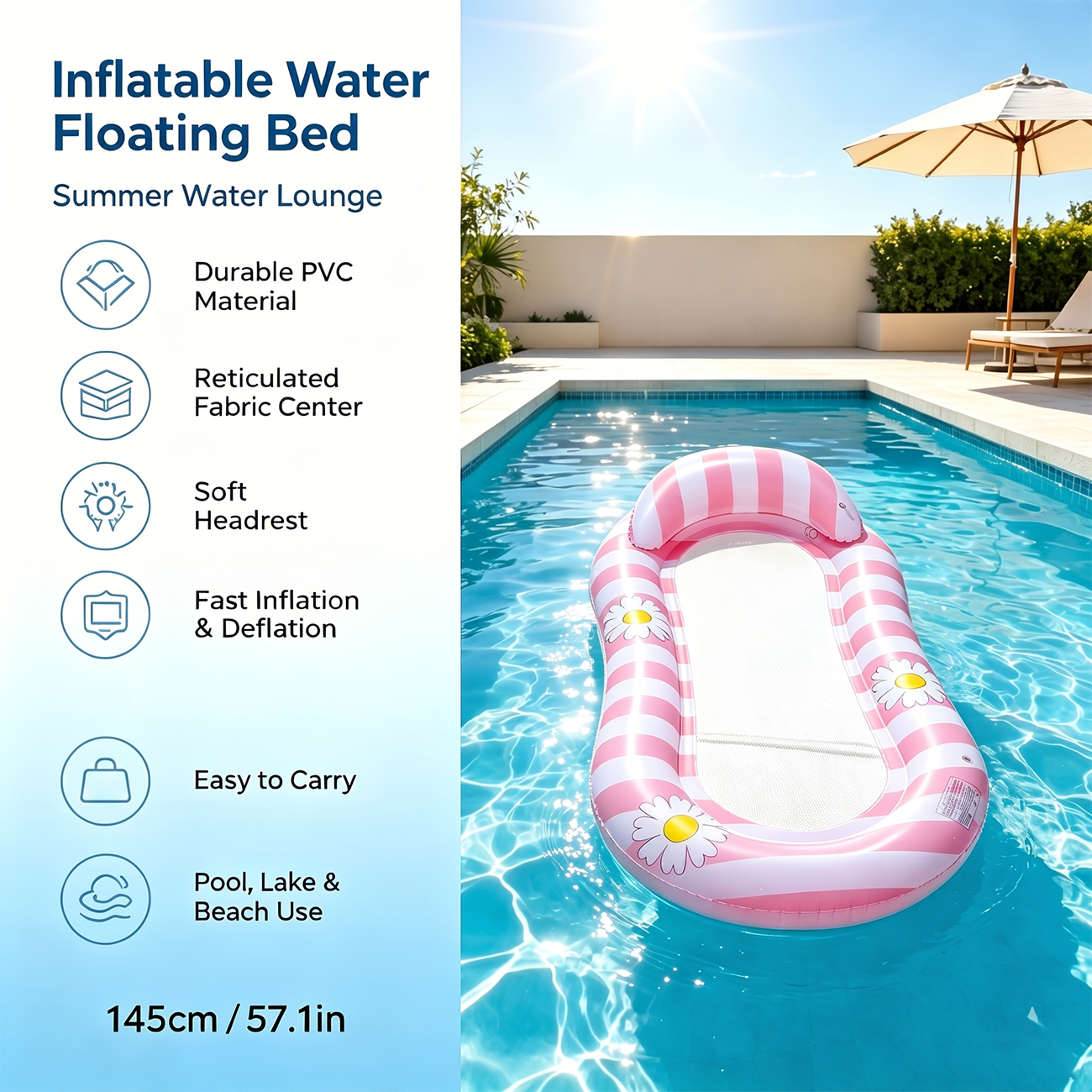 Daisy Inflatable Pool Float with Mesh Seat & Soft Headrest Portable Pool Lounge Chair – view 2