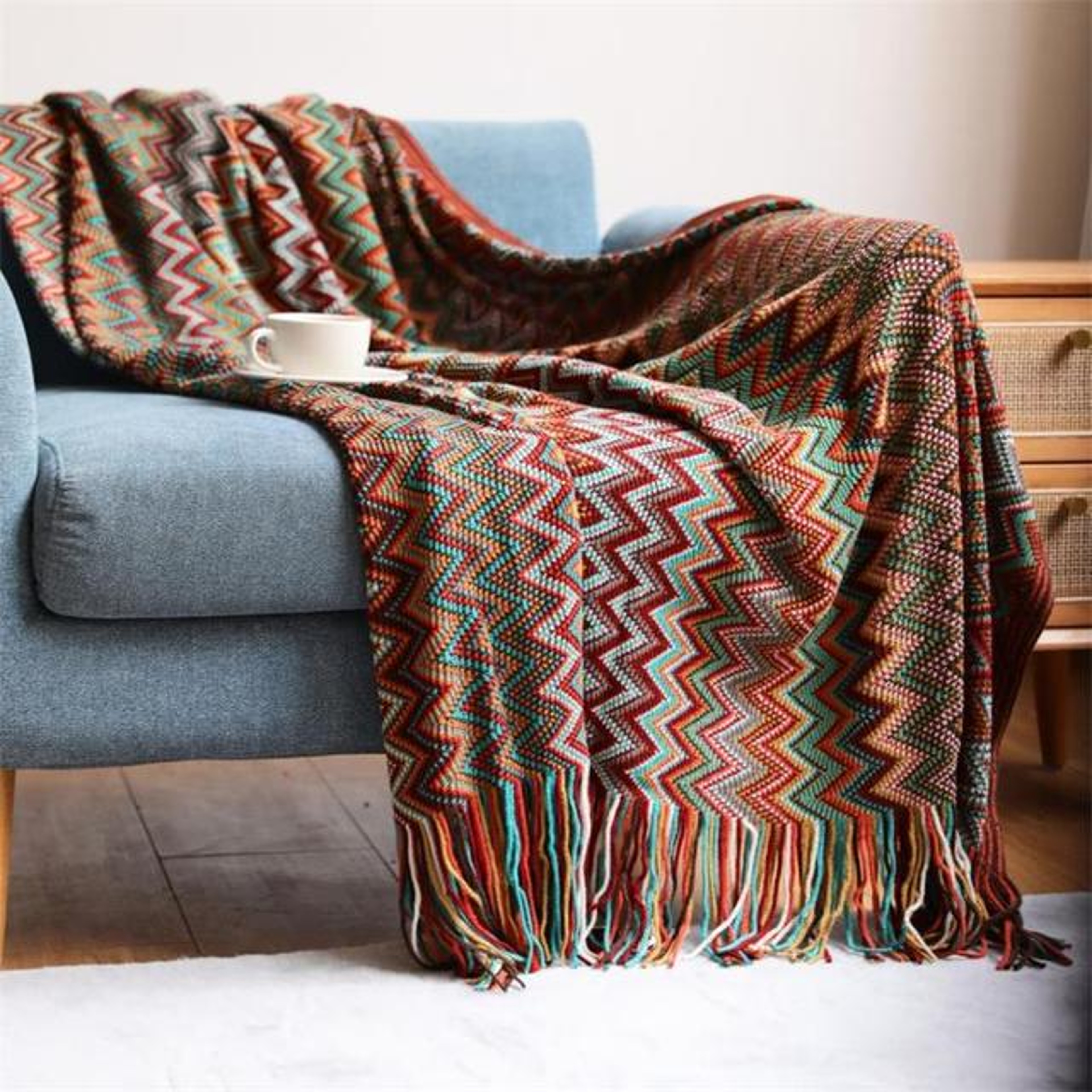 Boho Throw Blanket Knitted Striped Tassel Decorative Sofa  Bed Throw 6