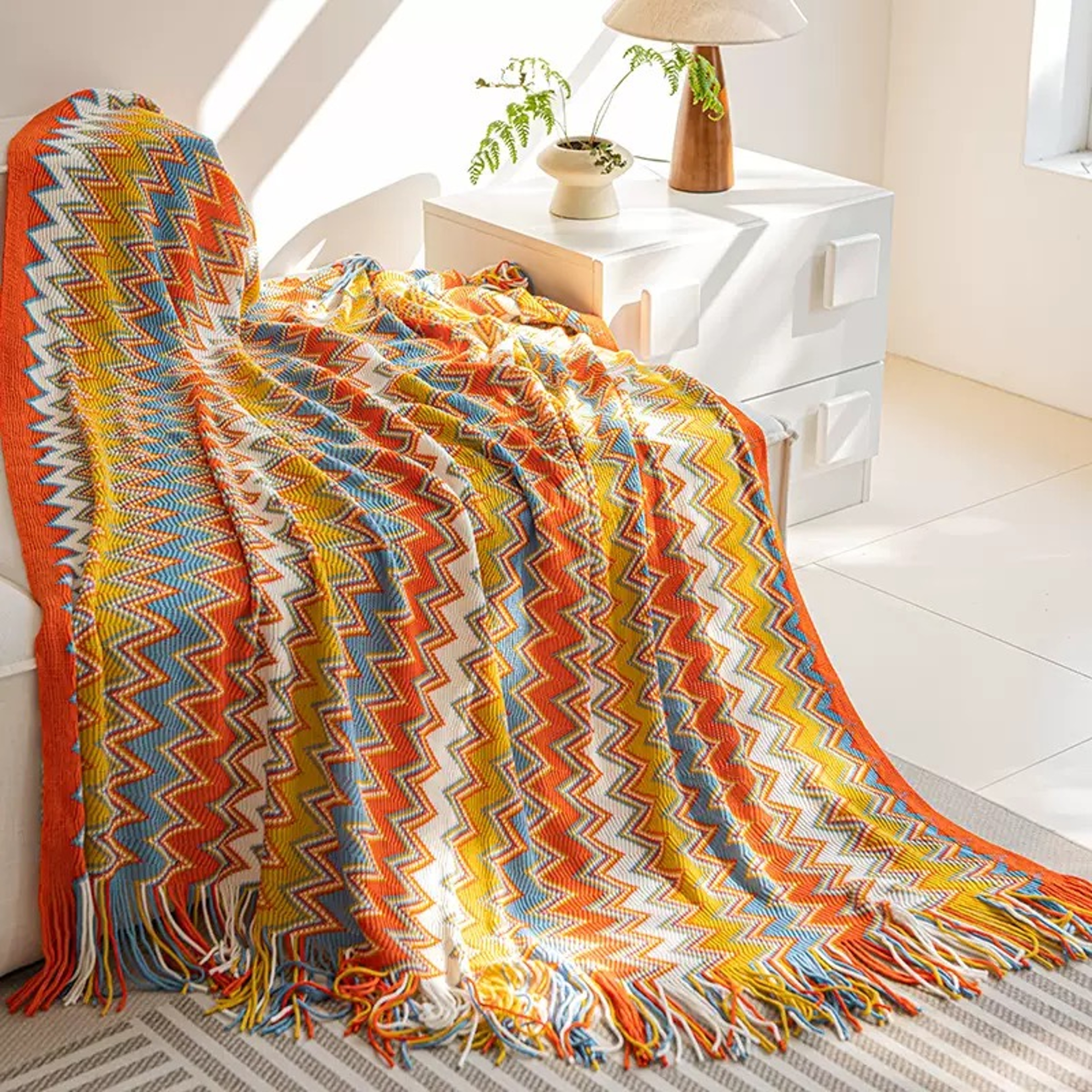 Boho Throw Blanket Knitted Striped Tassel Decorative Sofa  Bed Throw 8