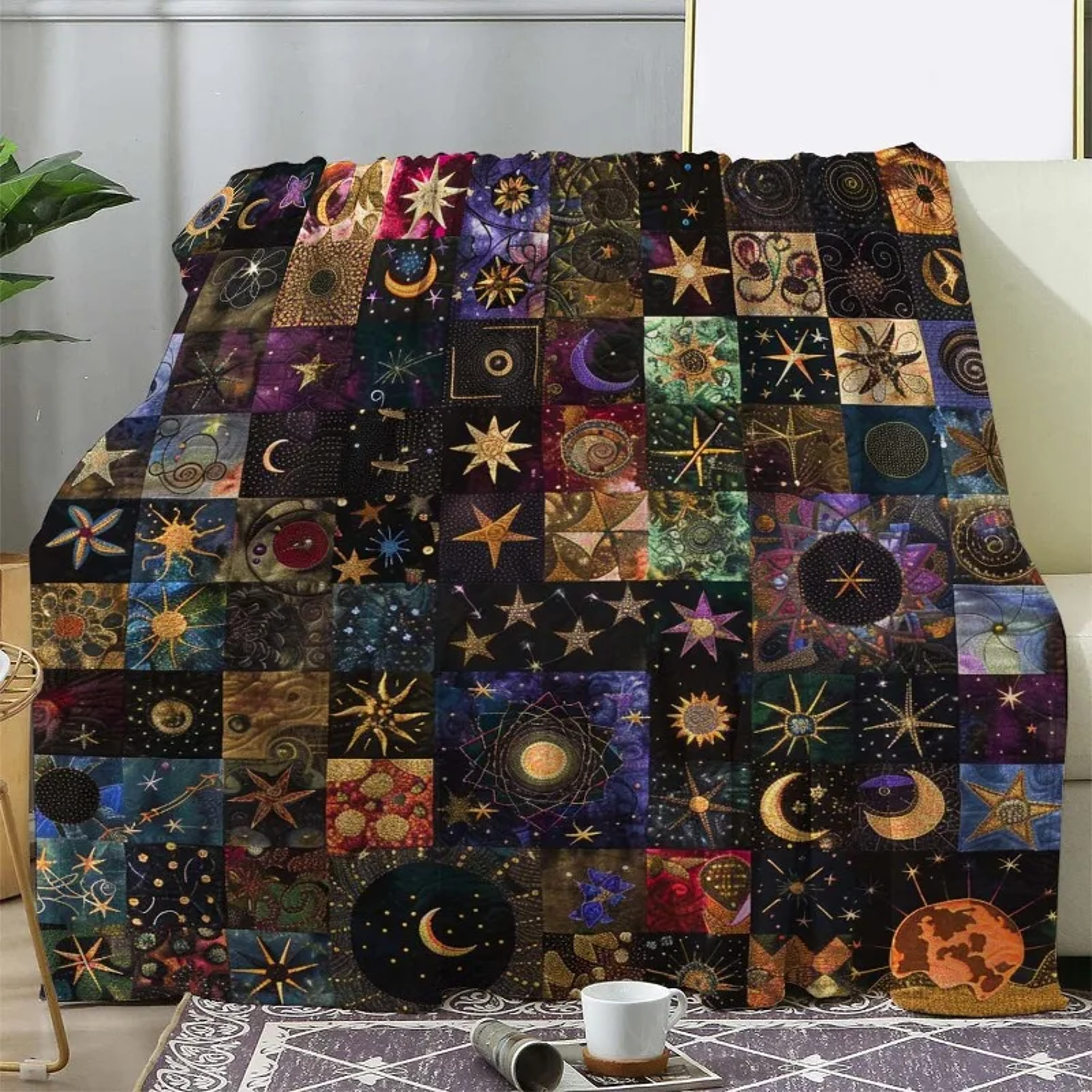 Vintage Flannel Fleece Blanket With Star Moon Print Cozy Soft Throw For Sofa Bed  Travel 1