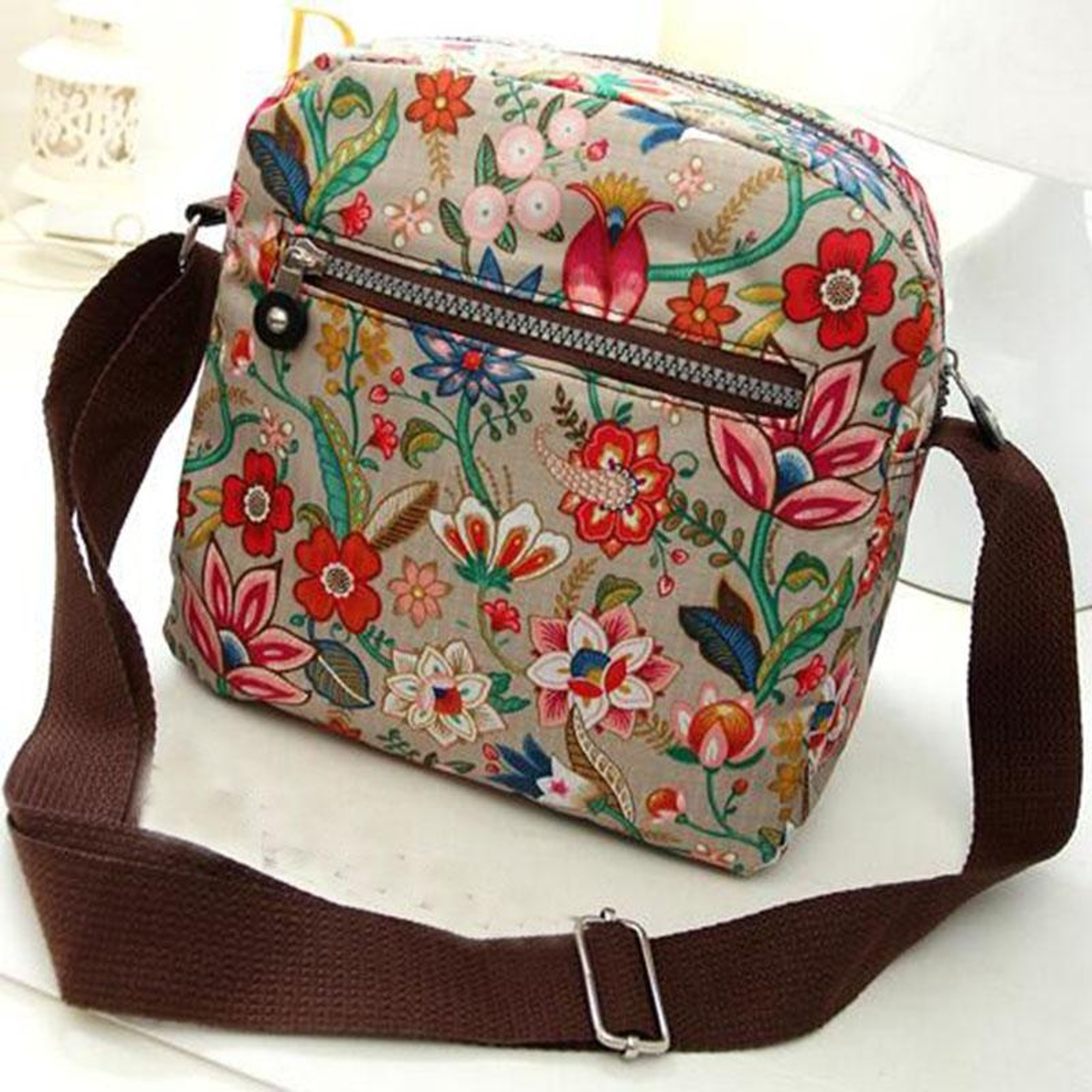 Womens Floral Nylon Shoulder Bag and Crossbody Handbag with Zipper – view 6