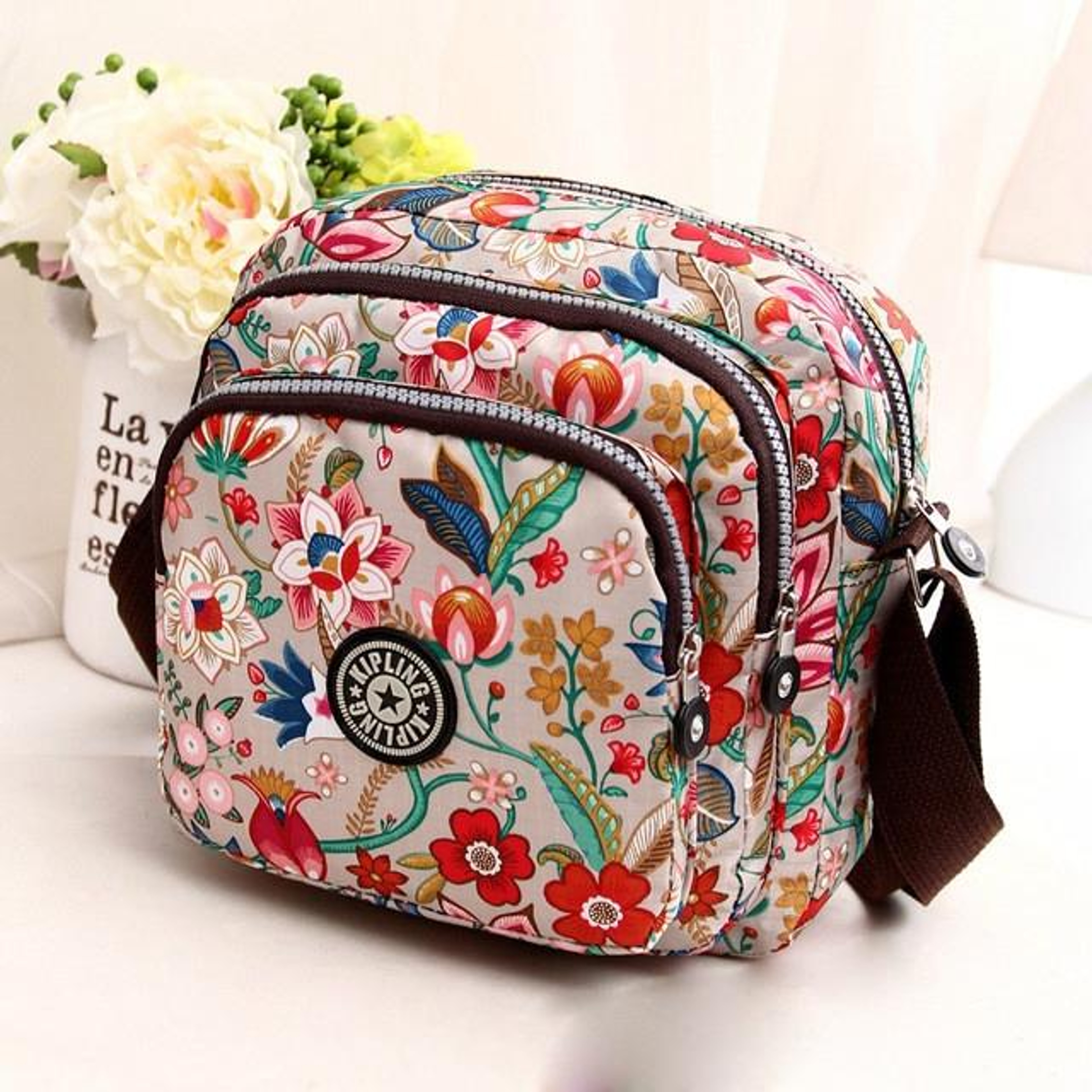 Womens Floral Nylon Shoulder Bag and Crossbody Handbag with Zipper – view 9