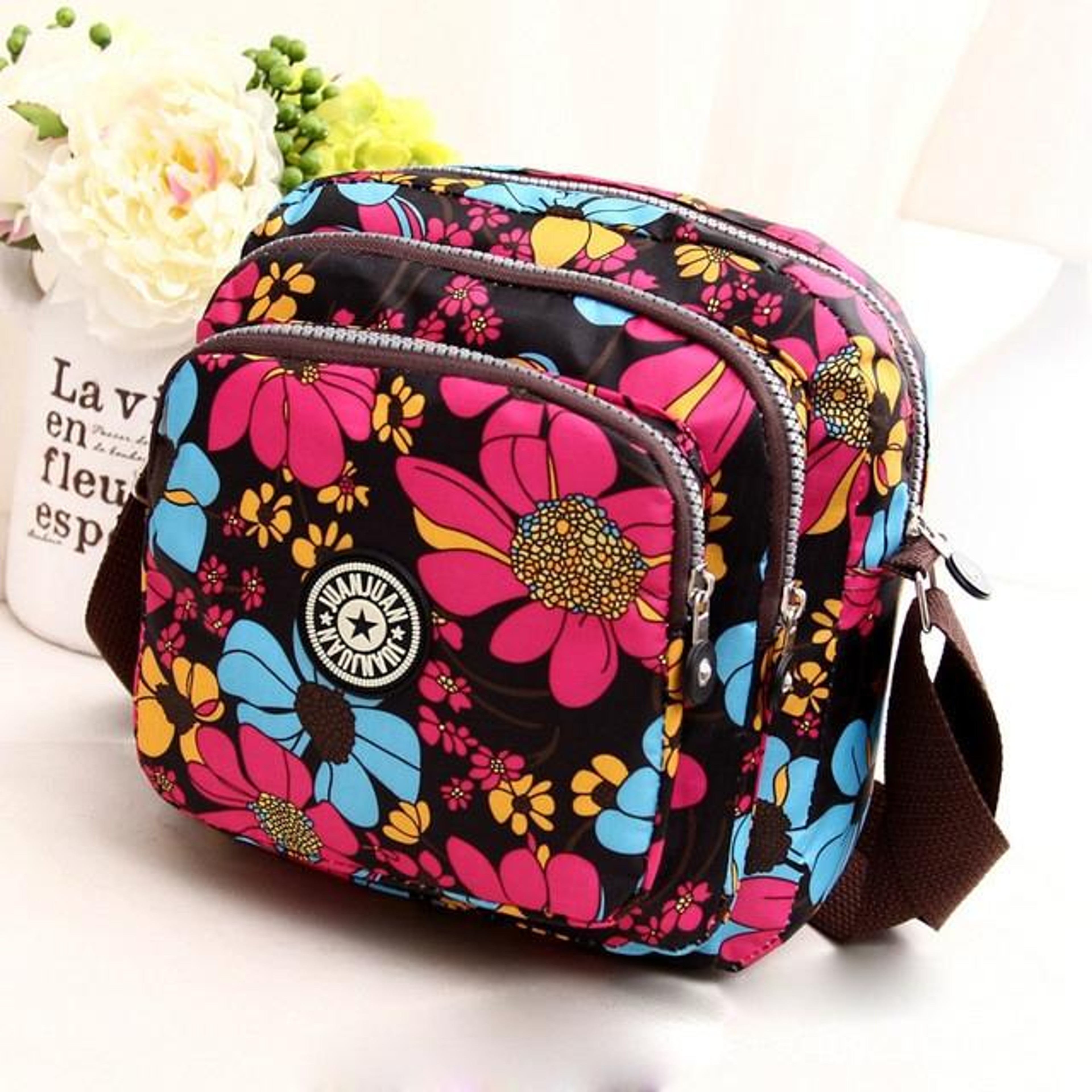 Womens Floral Nylon Shoulder Bag and Crossbody Handbag with Zipper – view 8