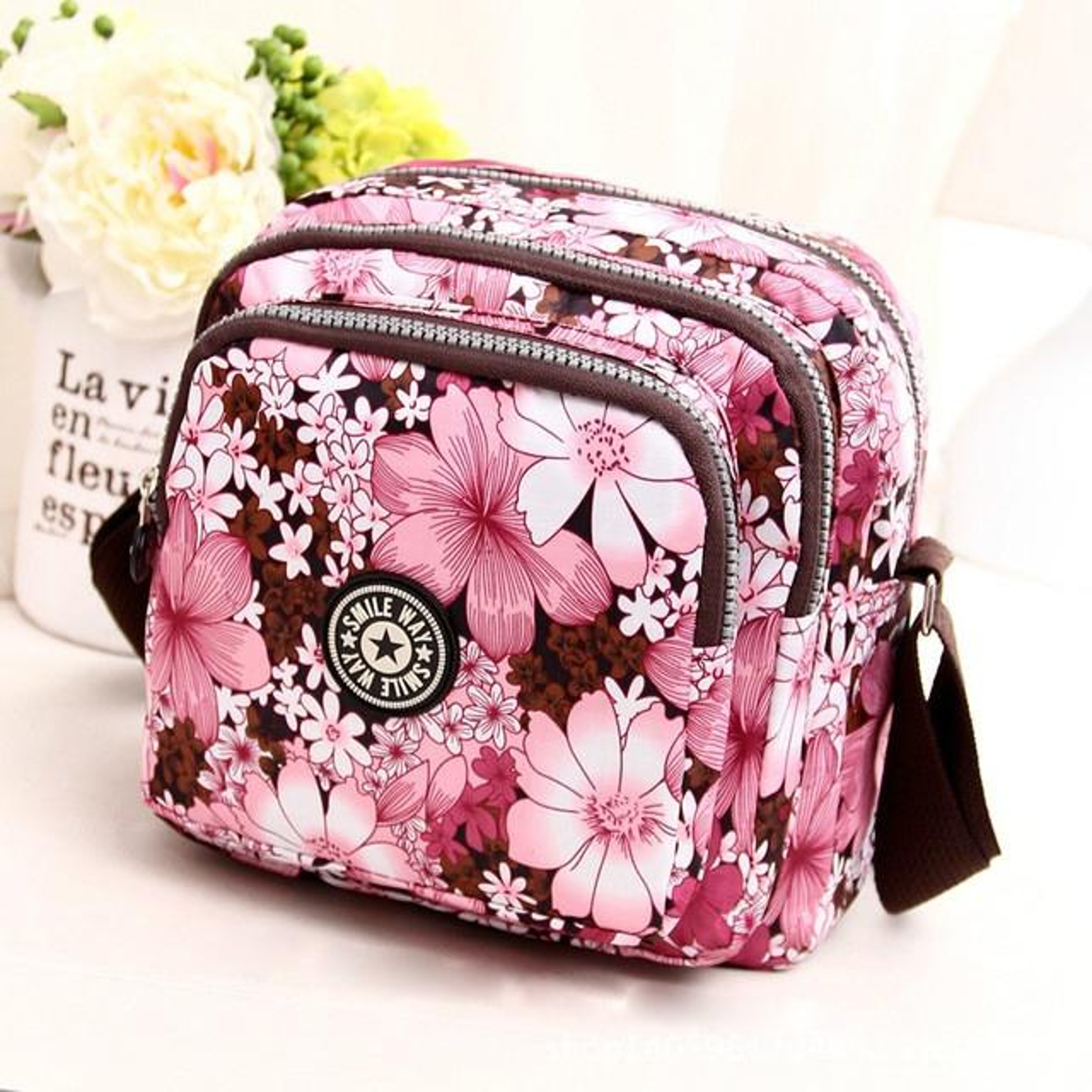 Womens Floral Nylon Shoulder Bag and Crossbody Handbag with Zipper – view 17