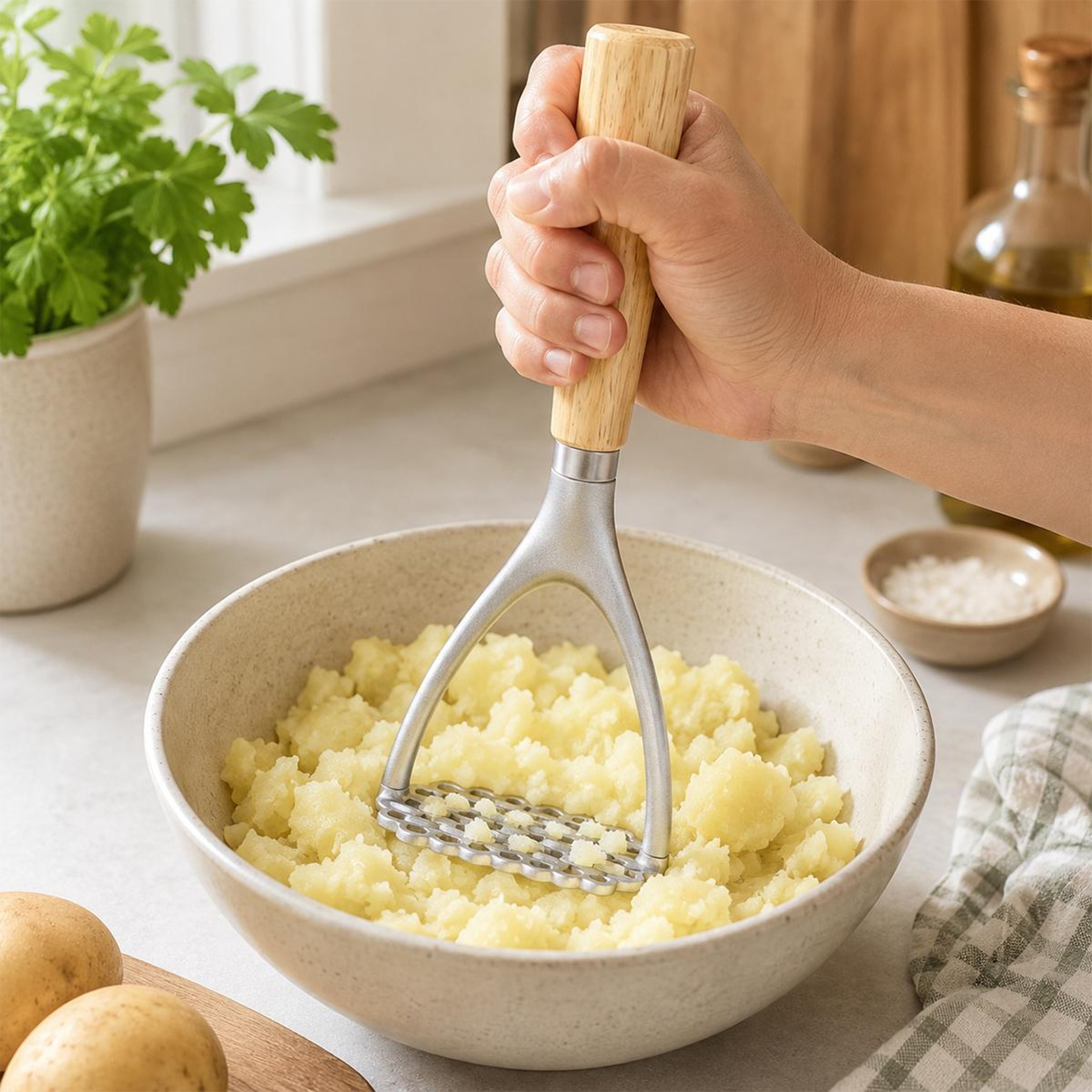 Potato Masher with Wooden Handle for Smooth Mashed Potatoes and Purees – view 1