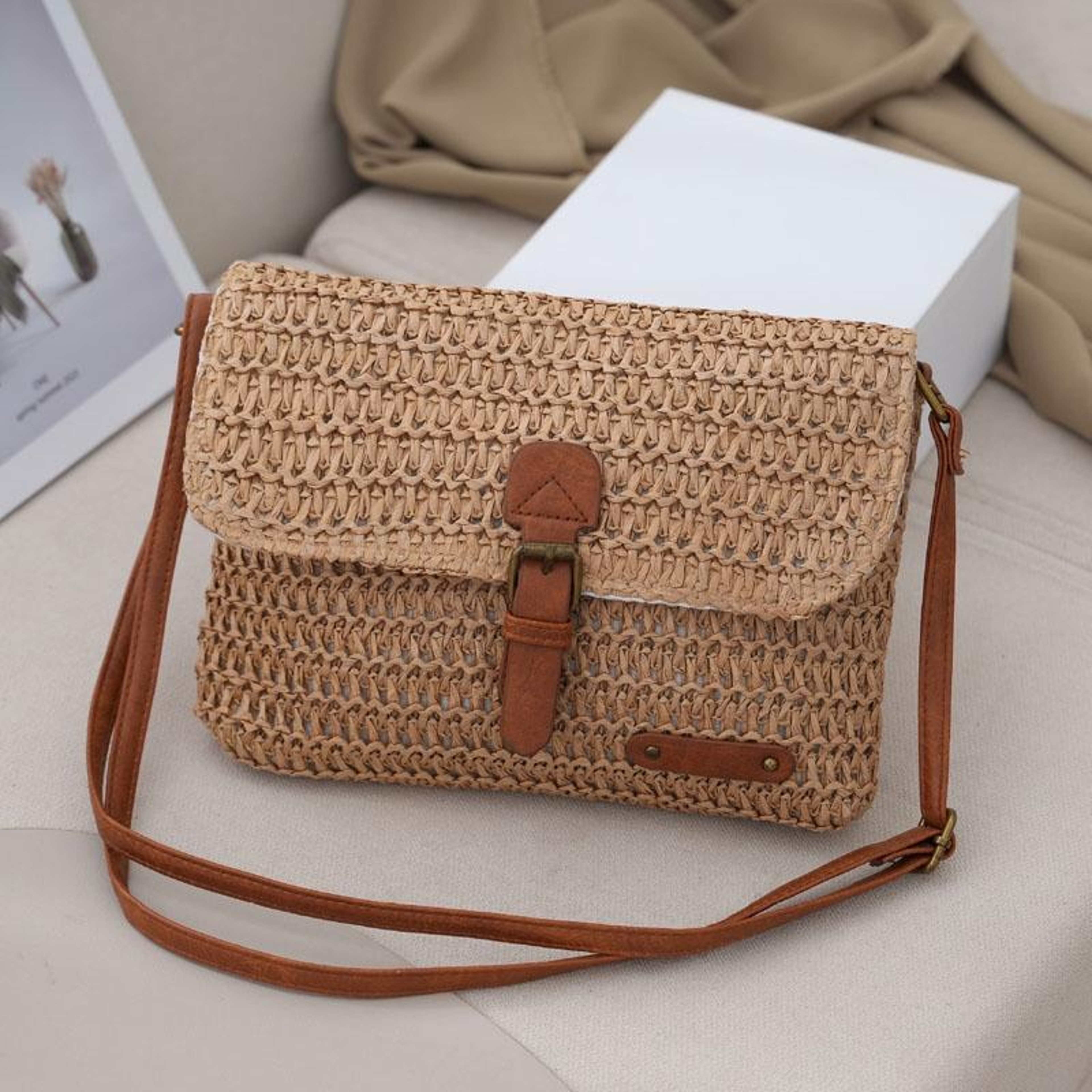 Womens Retro Straw Crossbody Messenger Bag with Adjustable Strap – view 1
