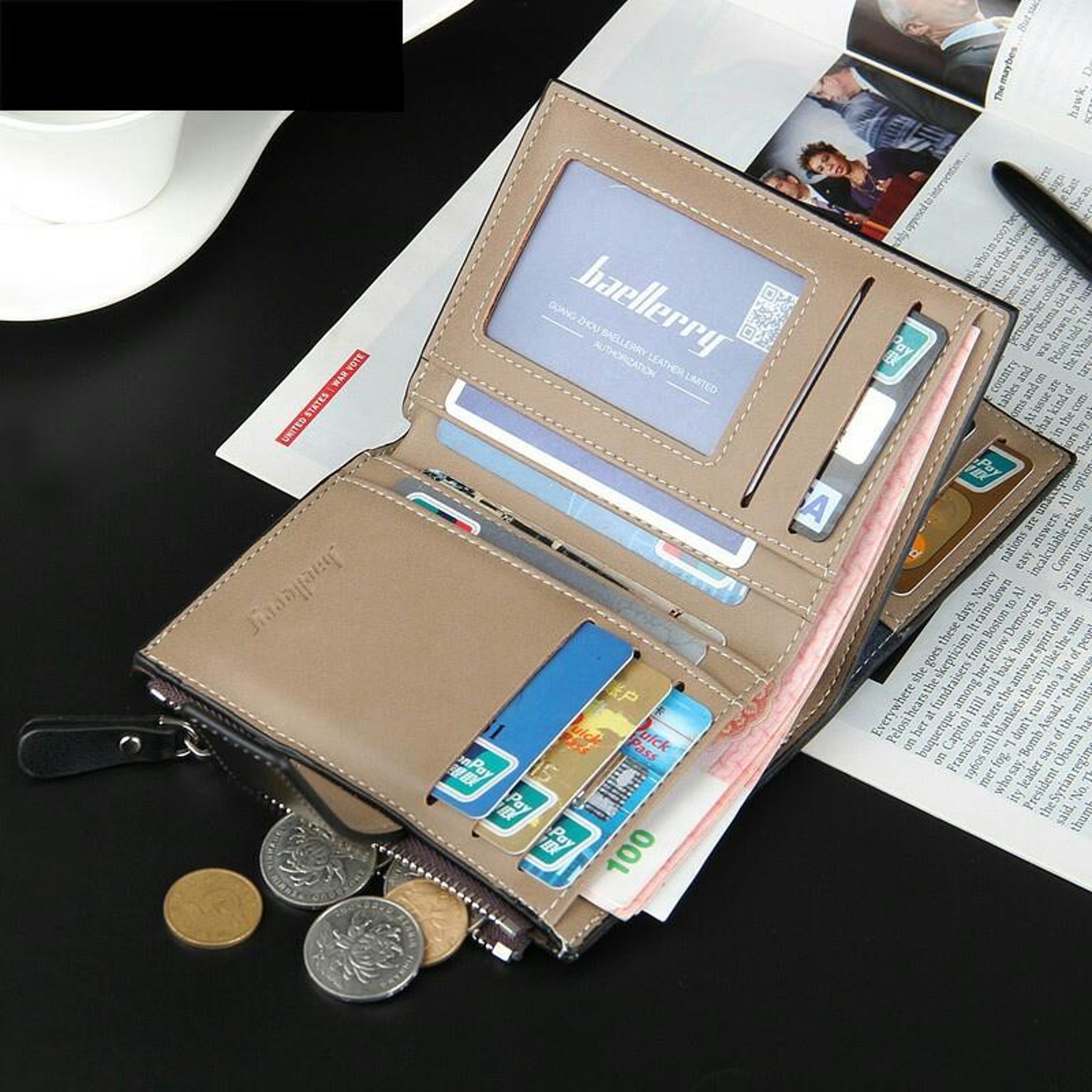 Mens Tri Fold Wallet with Zipper Closure and Multiple Card Slots – view 4