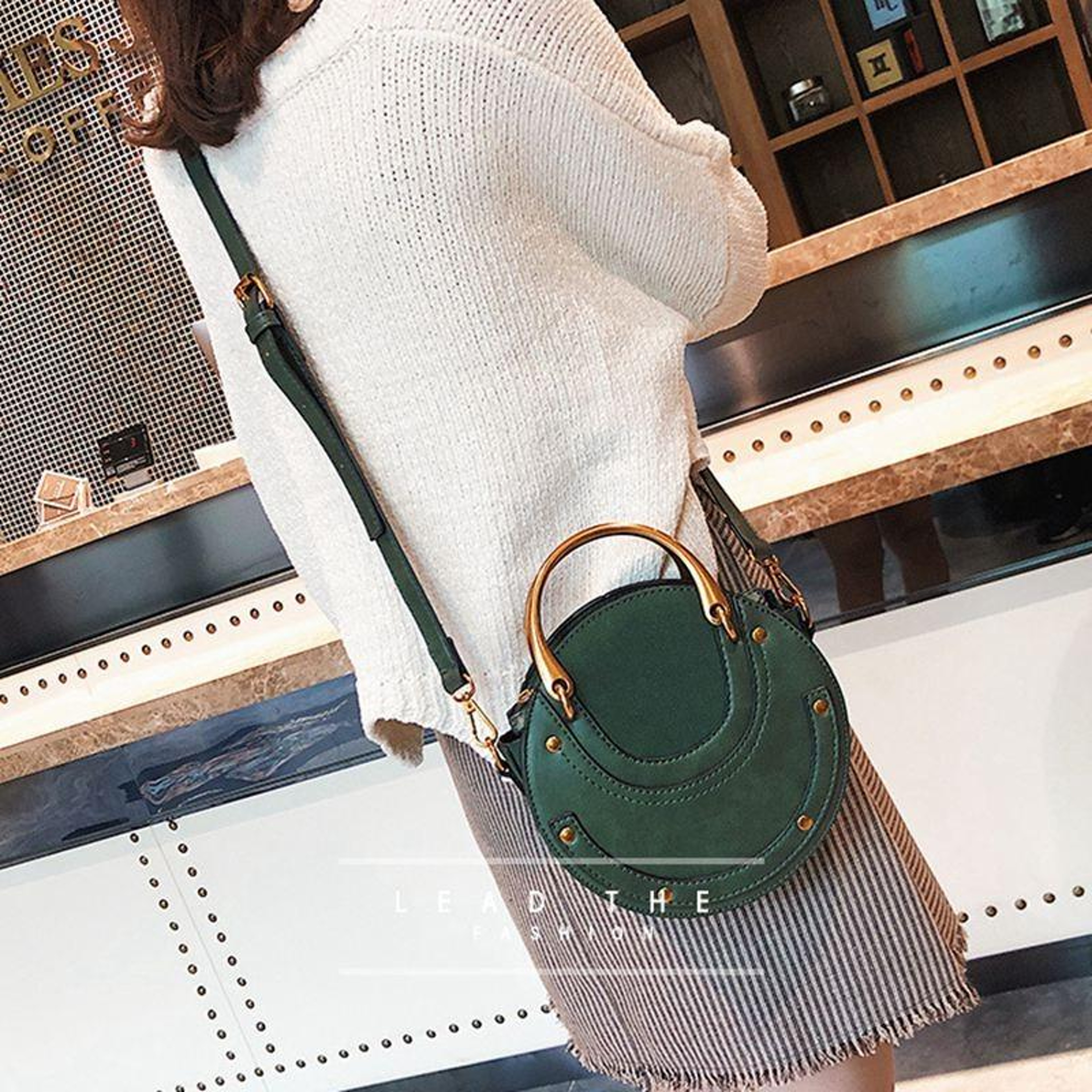 Womens Circular PU Leather Shoulder Bag with Adjustable Strap and Zipper Closure – view 12