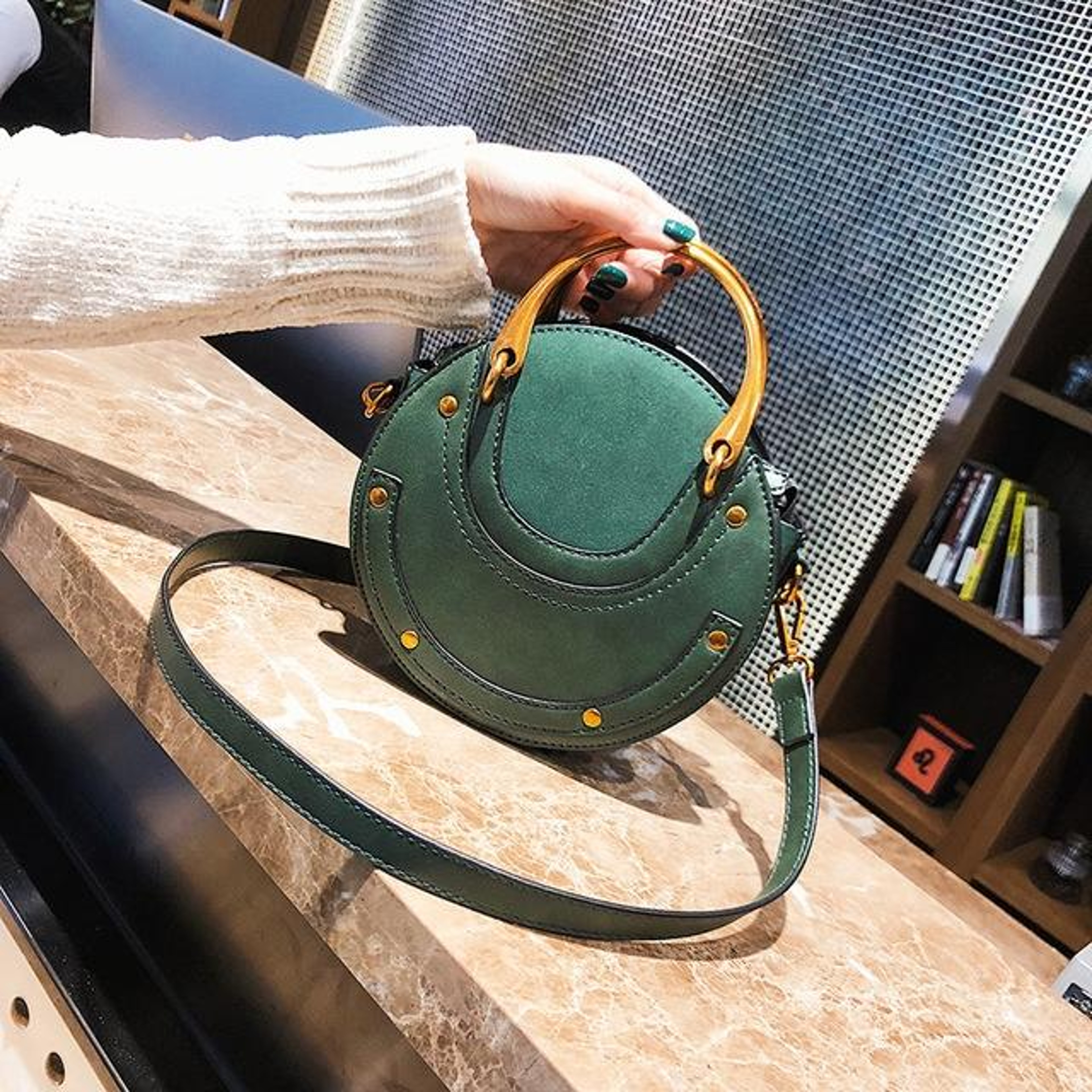 Womens Circular PU Leather Shoulder Bag with Adjustable Strap and Zipper Closure – view 13