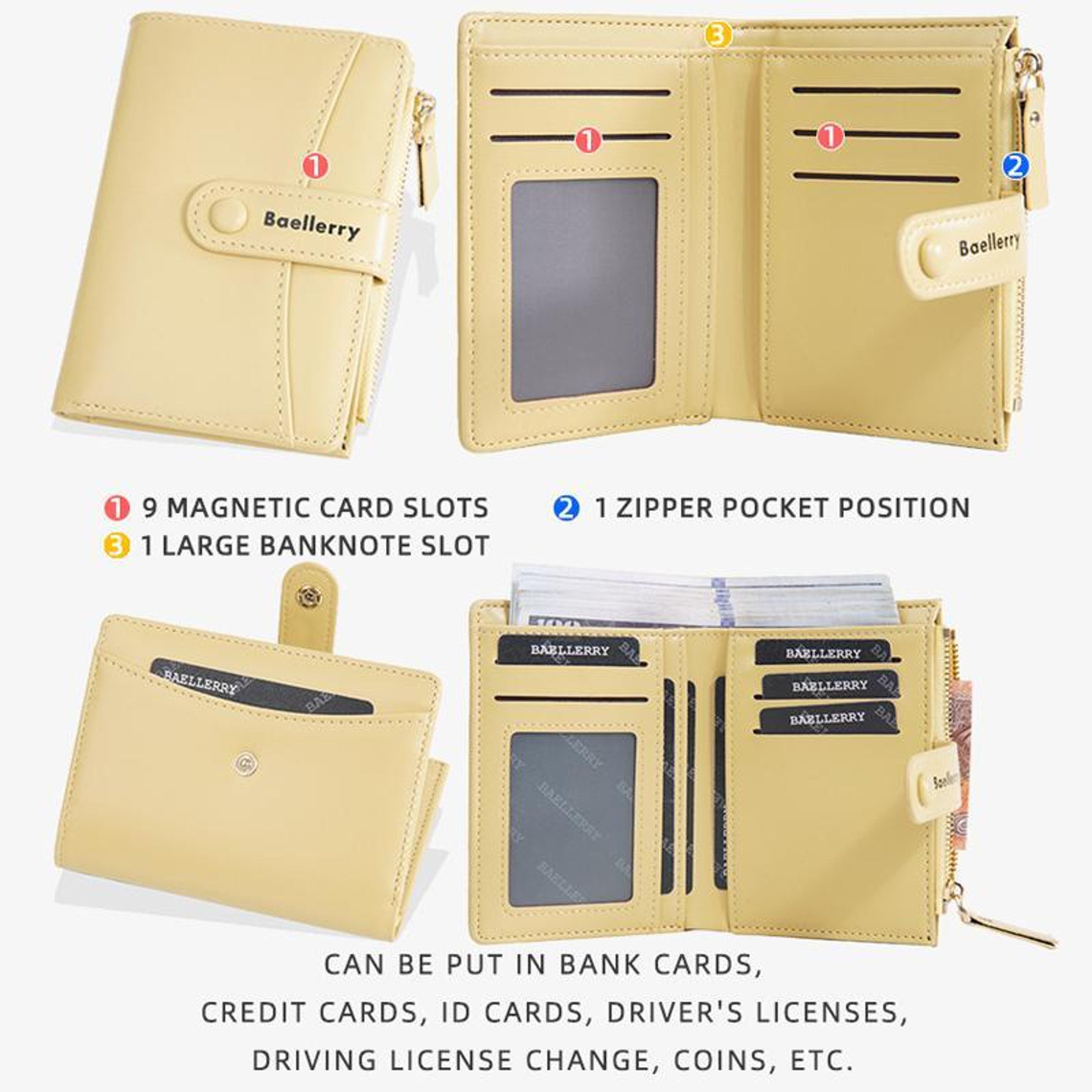 Womens Bifold Wallet with Zipper Coin Purse & Buckle Closure – view 6